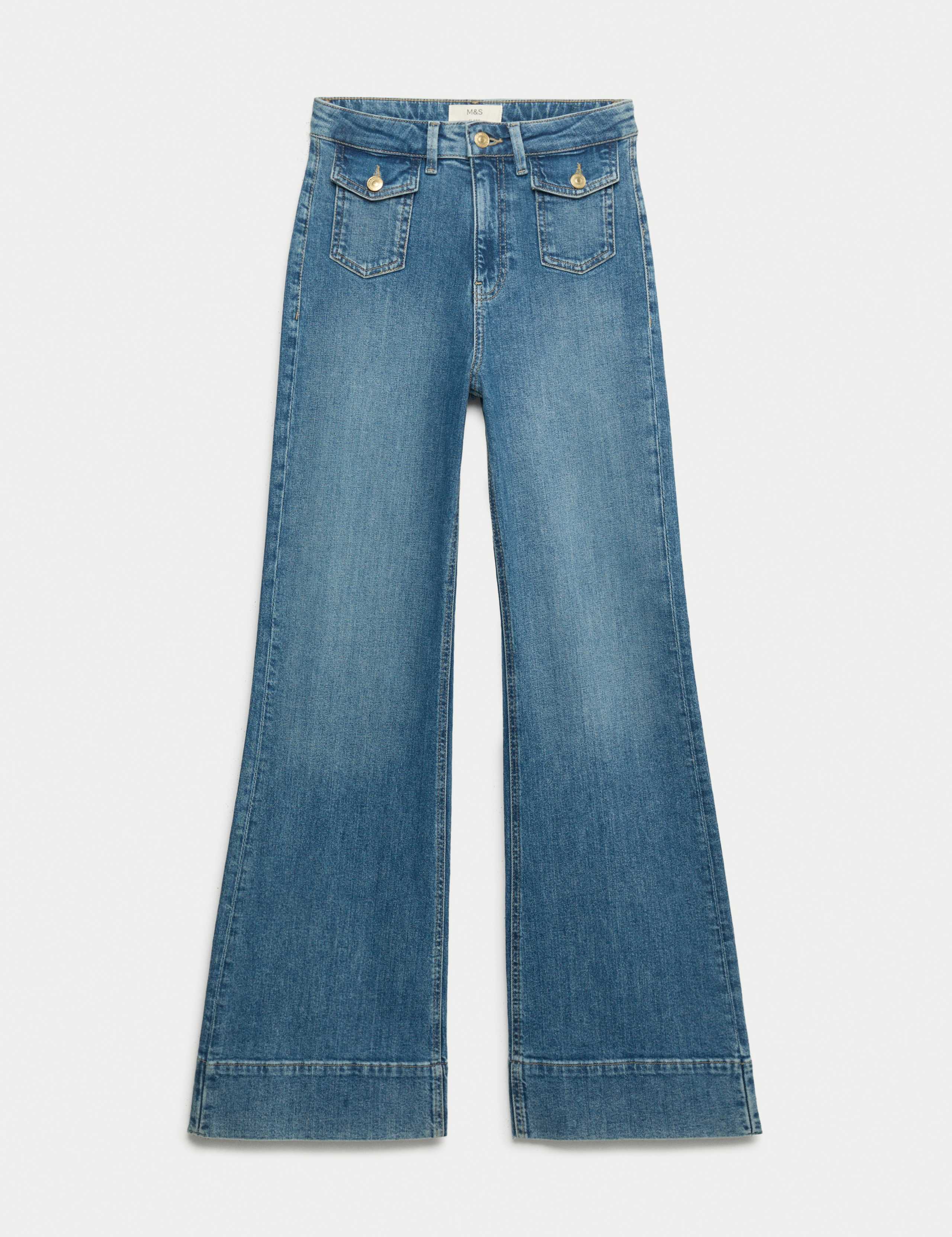 High Waisted Patch Pocket Flared Jeans