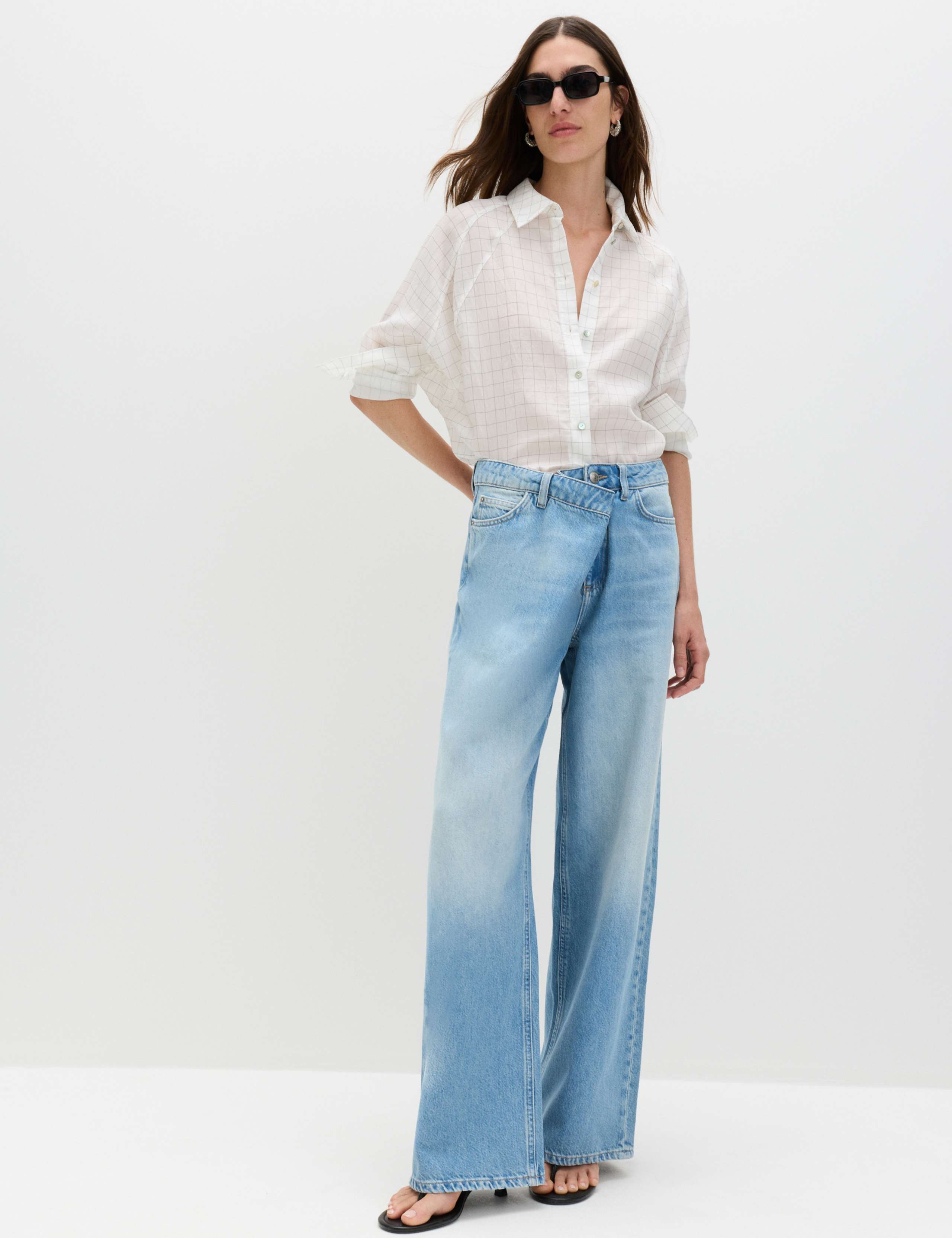 Cotton Rich Mid Rise Wrap Front Wide Leg Jeans