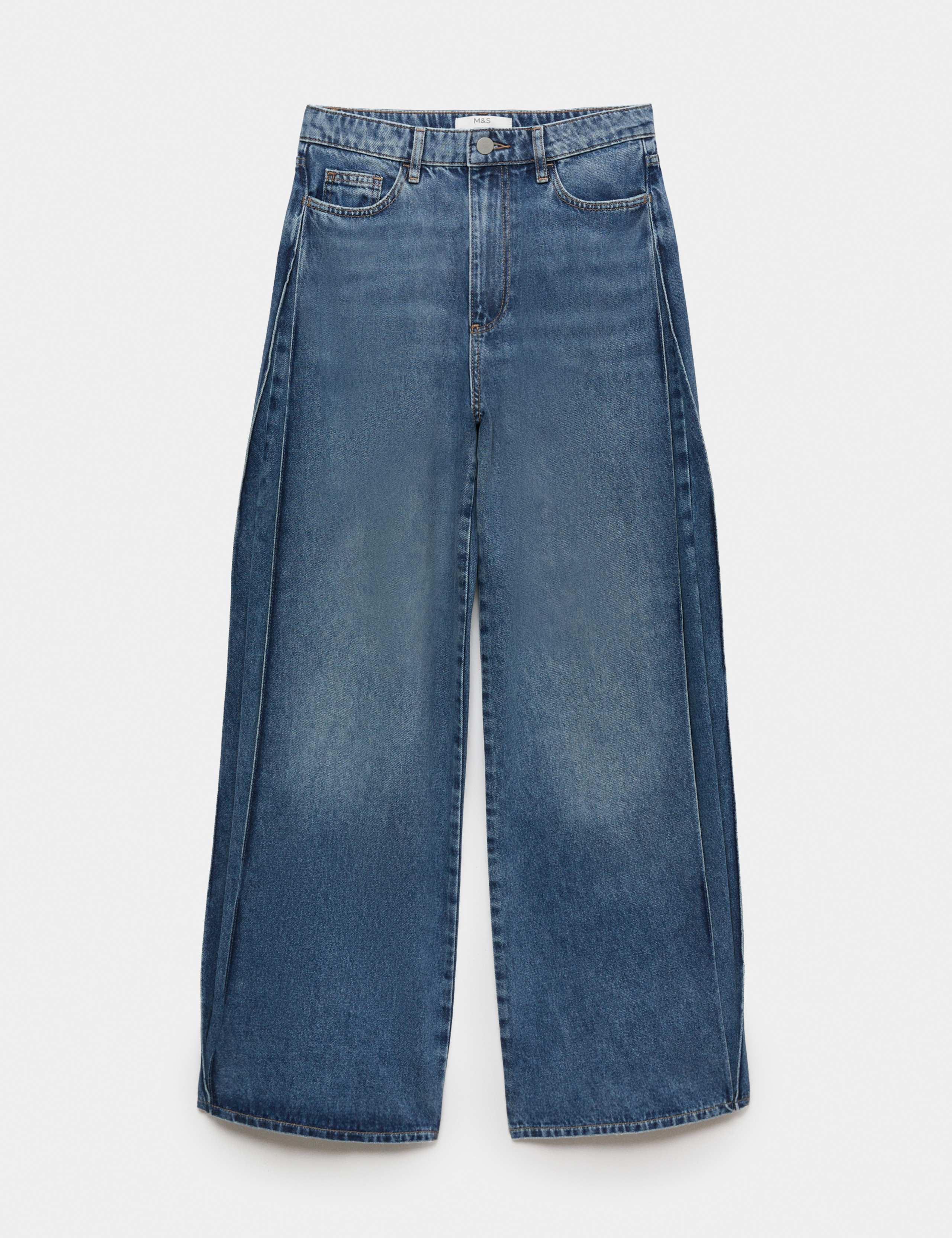 Mid Rise Side Pleat Wide Leg Jeans
