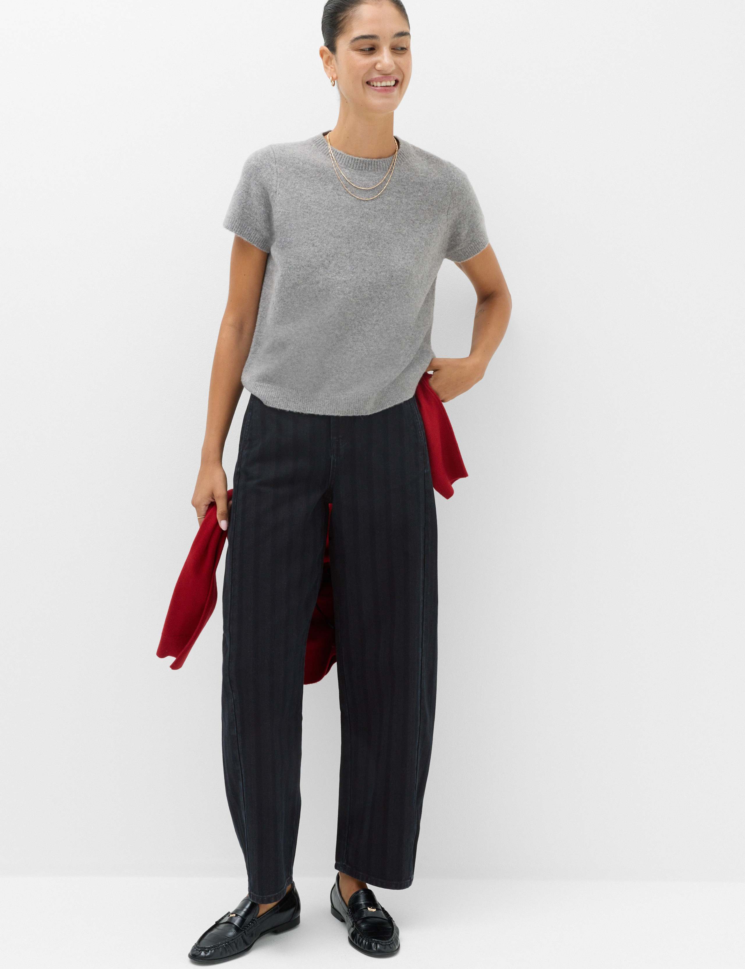 Mid Rise Striped Barrel Ankle Grazer Jeans