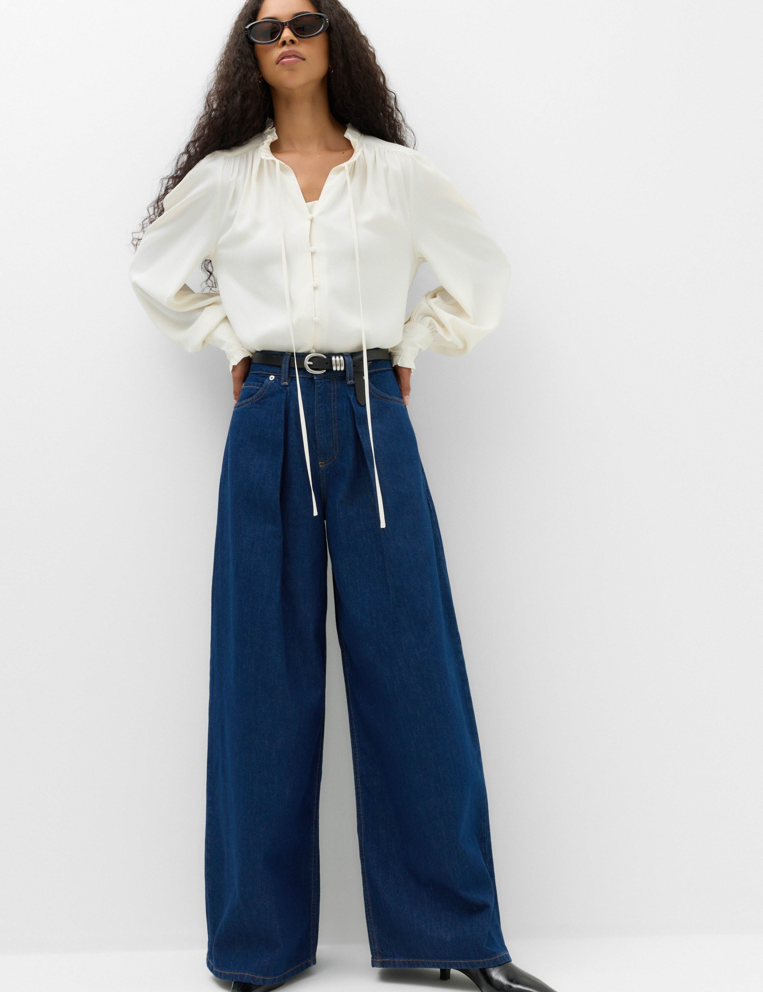 High Waisted Pleat Front Wide Leg Jeans