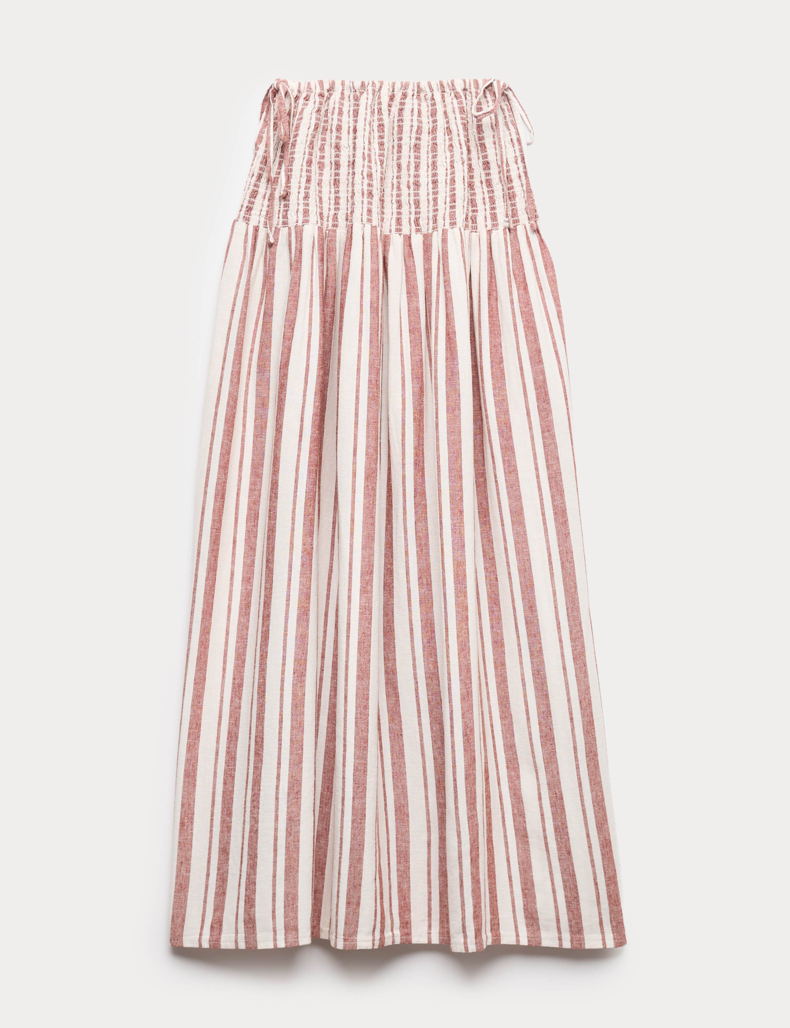 Linen Rich Shirred Tie Detail Maxi Skirt