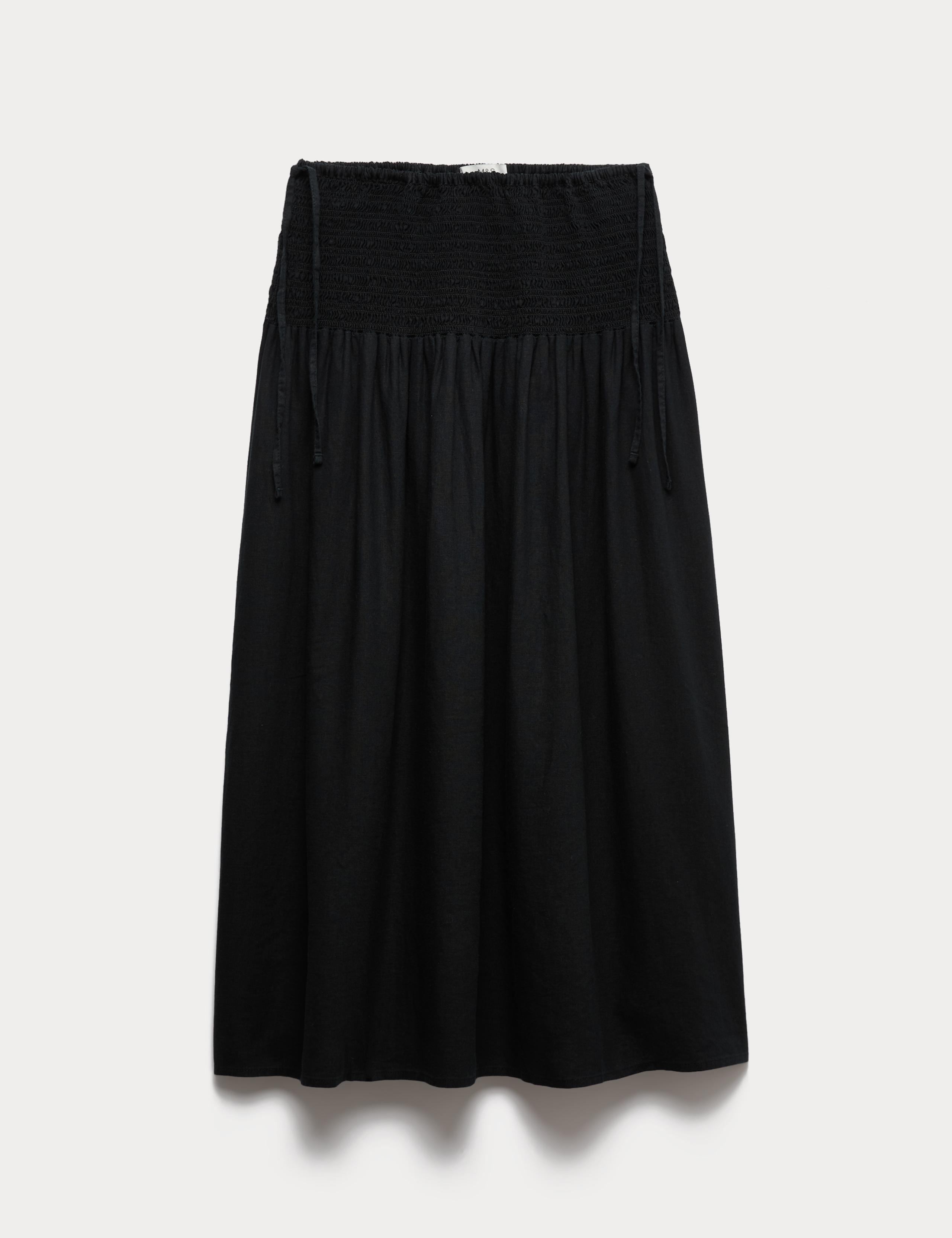 Linen Rich Shirred Tie Detail Maxi Skirt