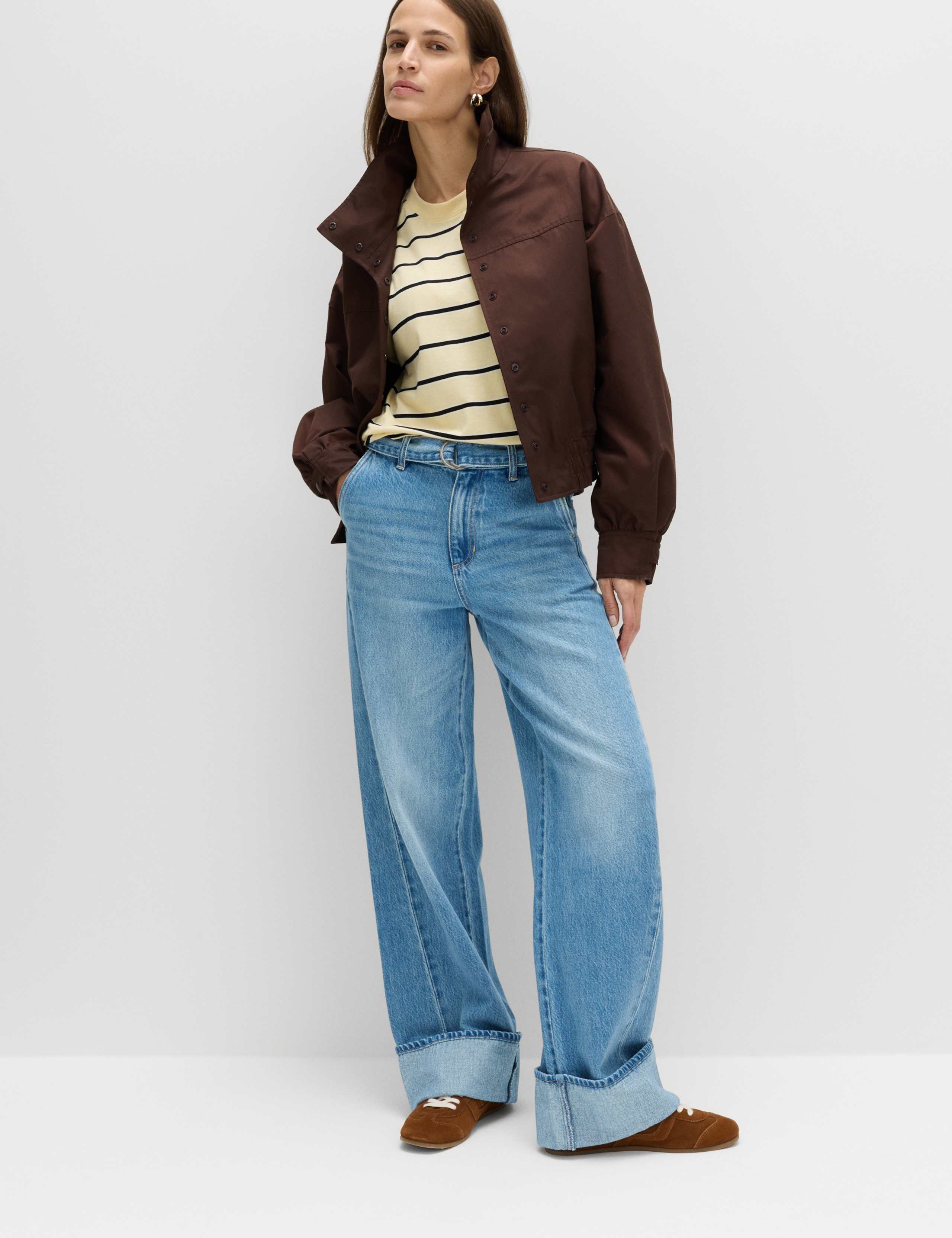 Pure Cotton Belted Wide Leg Turn Up Jeans