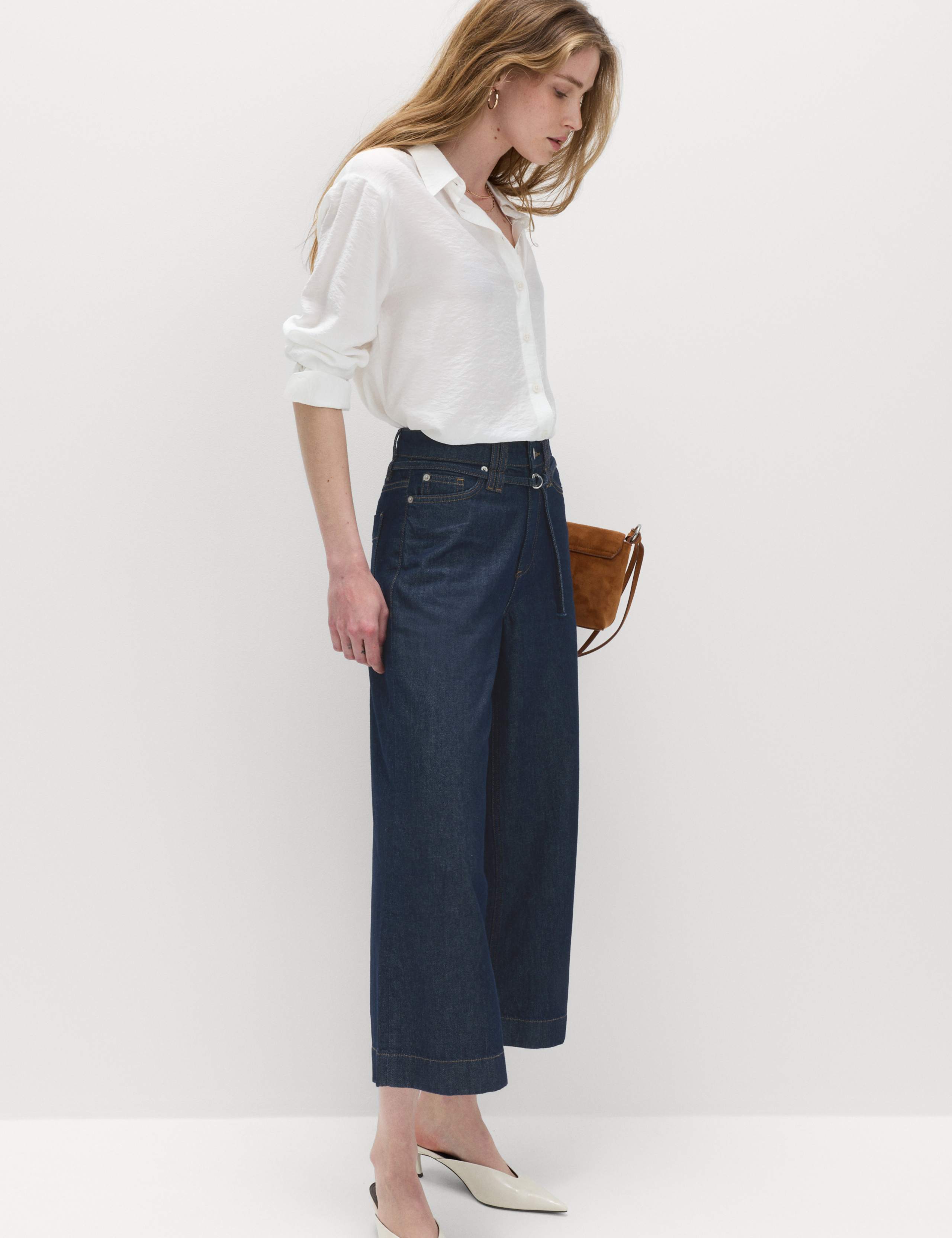 Denim High Waisted Belted Wide Leg Culottes