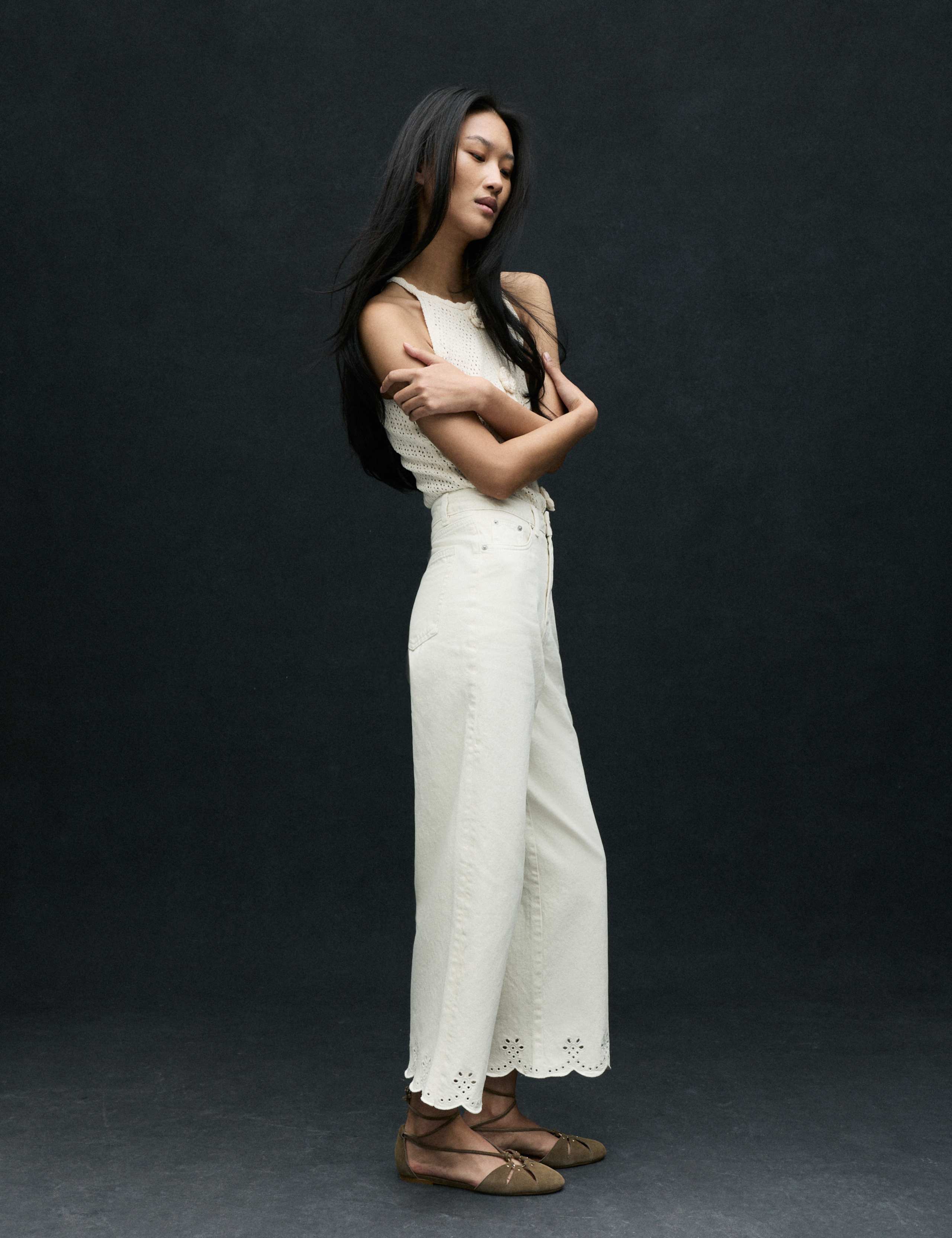 High Waisted Broderie Wide Leg Cropped Jeans