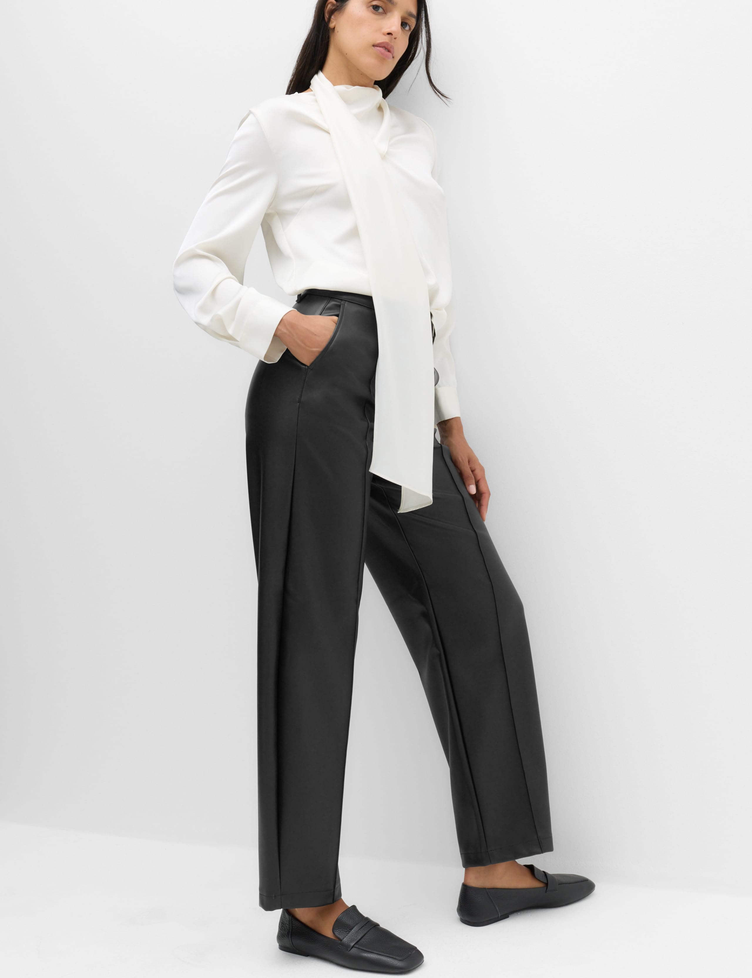 Faux Leather Pintuck Barrel Leg Trousers