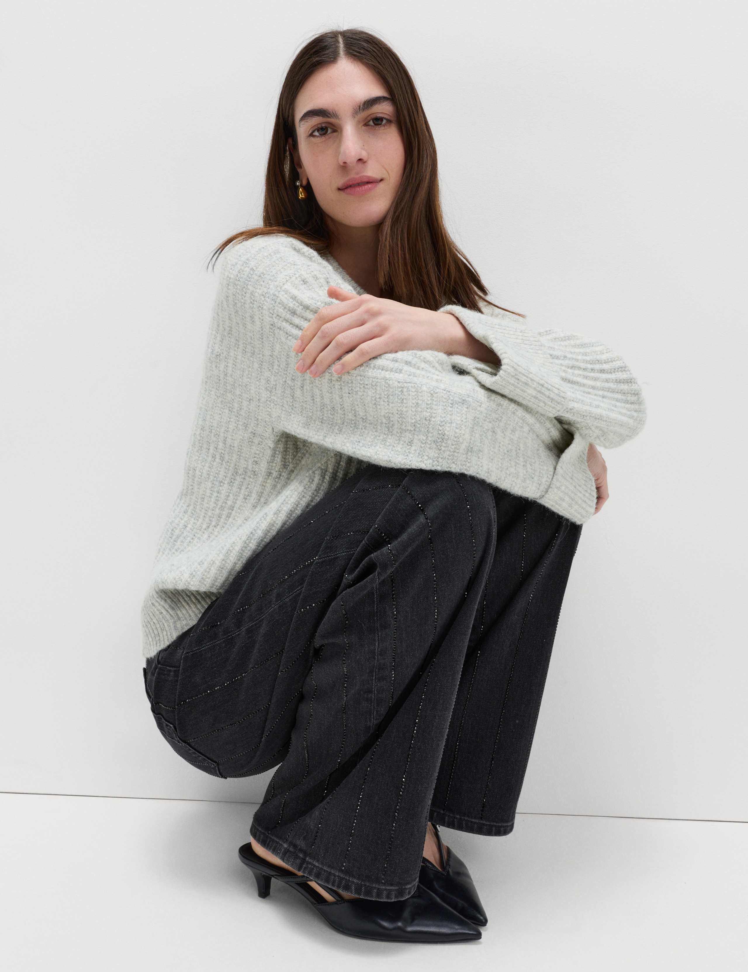 High Waisted Embellished Stripe Wide Leg Jeans