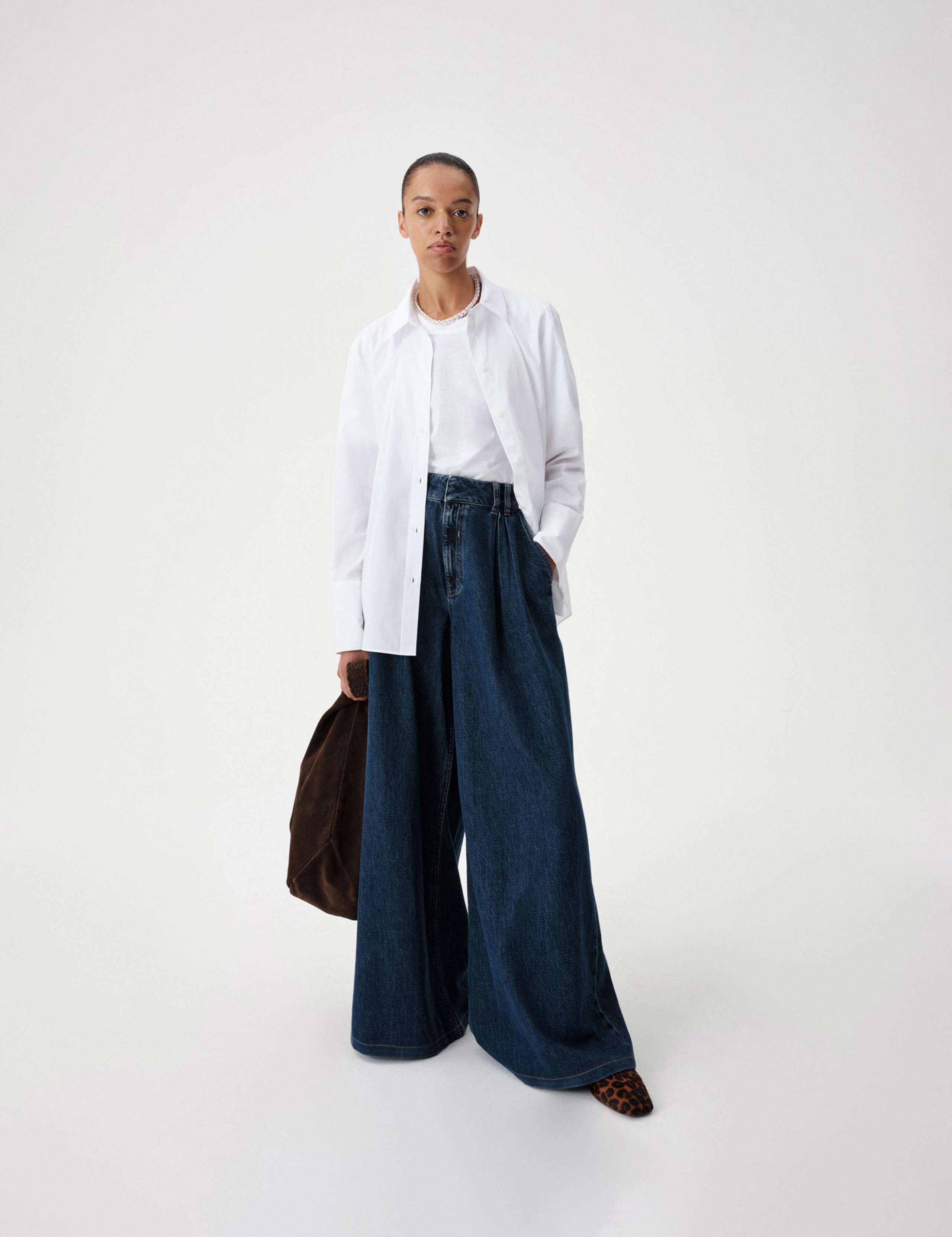 High Waisted Pleated Wide Leg Jeans with Lyocell