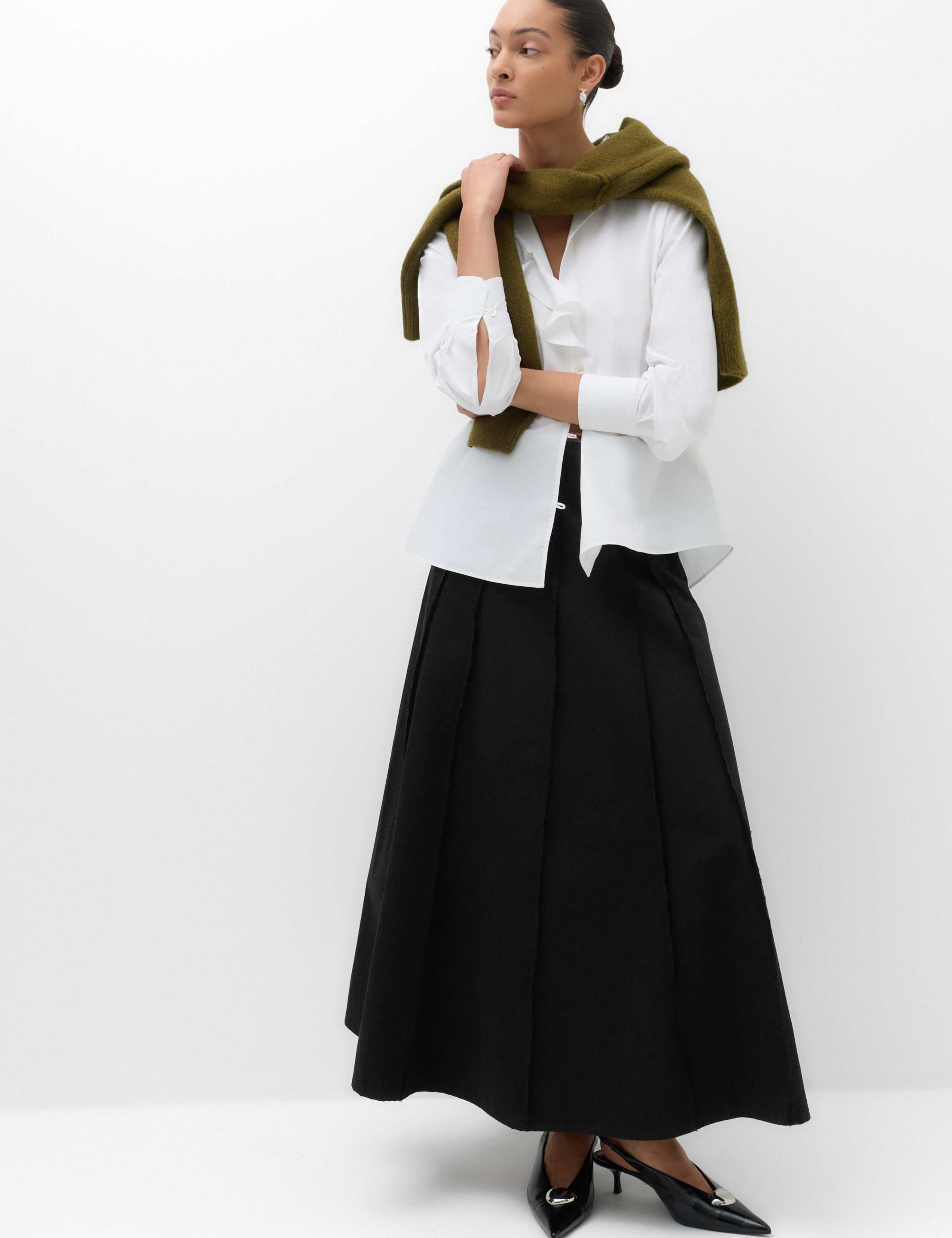 Pure Cotton Frayed Midi Panelled Circle Skirt