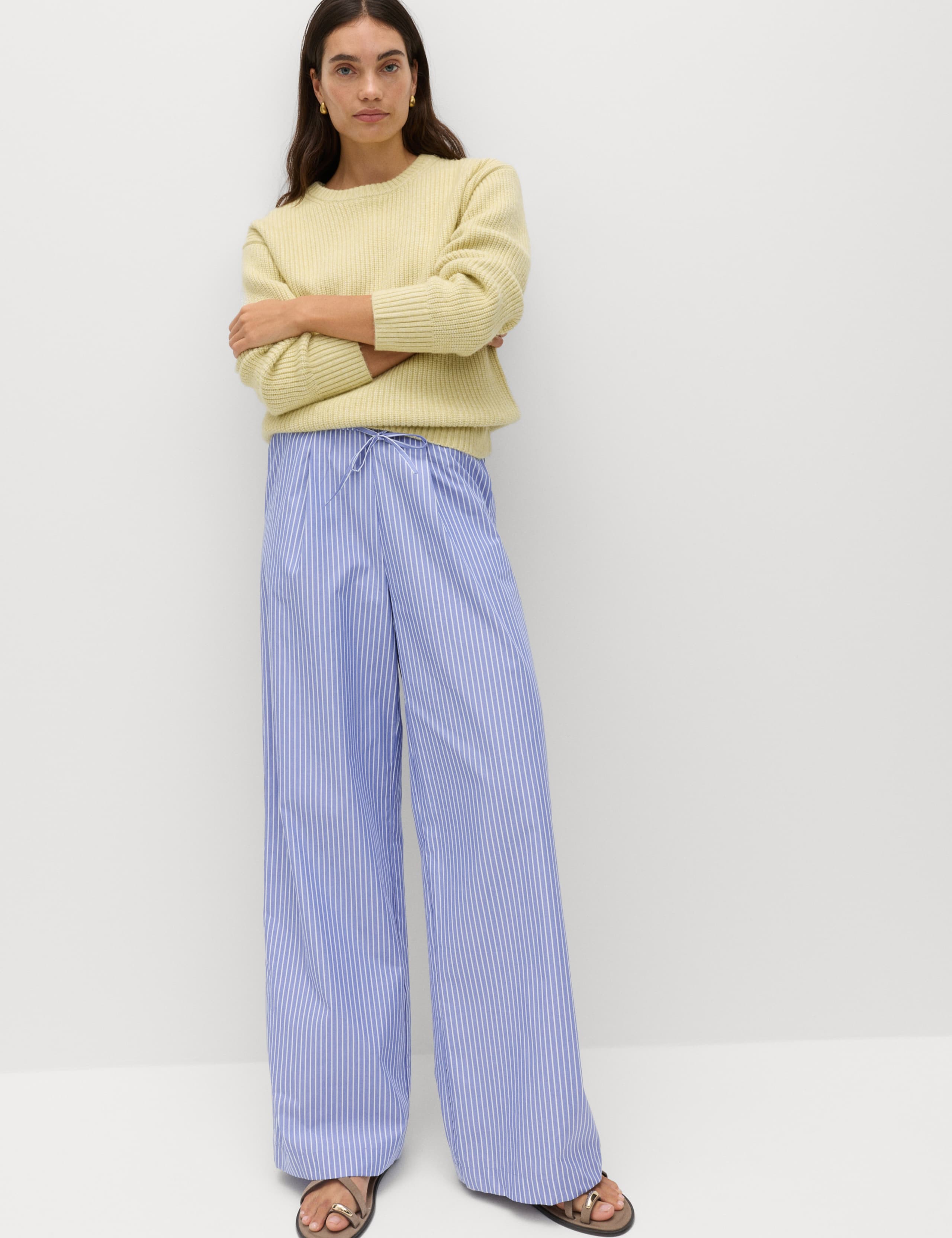 Pure Cotton Striped Drawstring Wide Leg Trousers