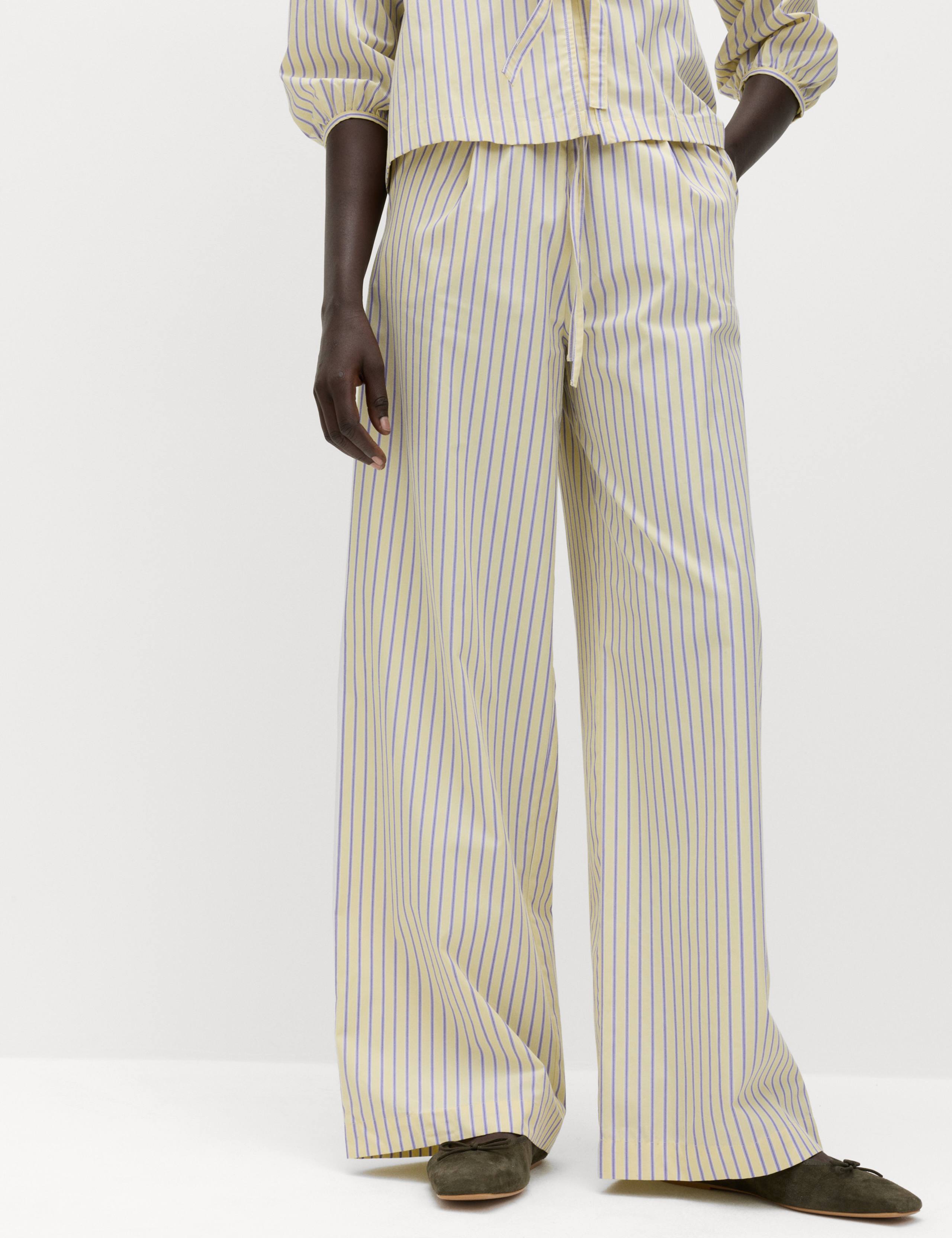 Pure Cotton Striped Drawstring Wide Leg Trousers
