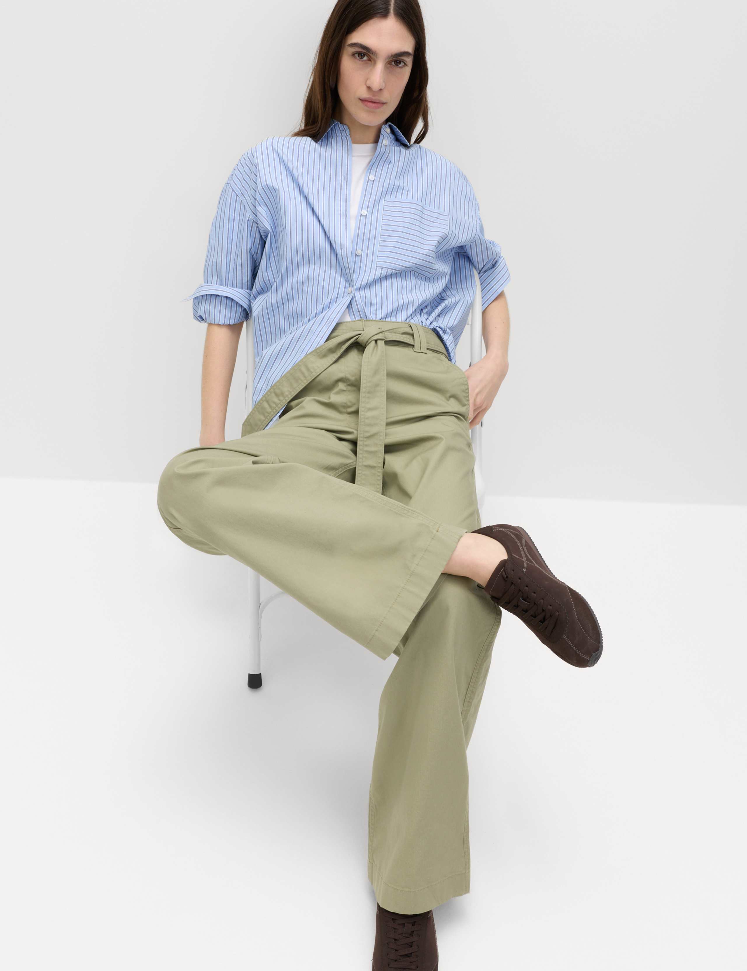 Pure Cotton Belted Straight Leg Trousers