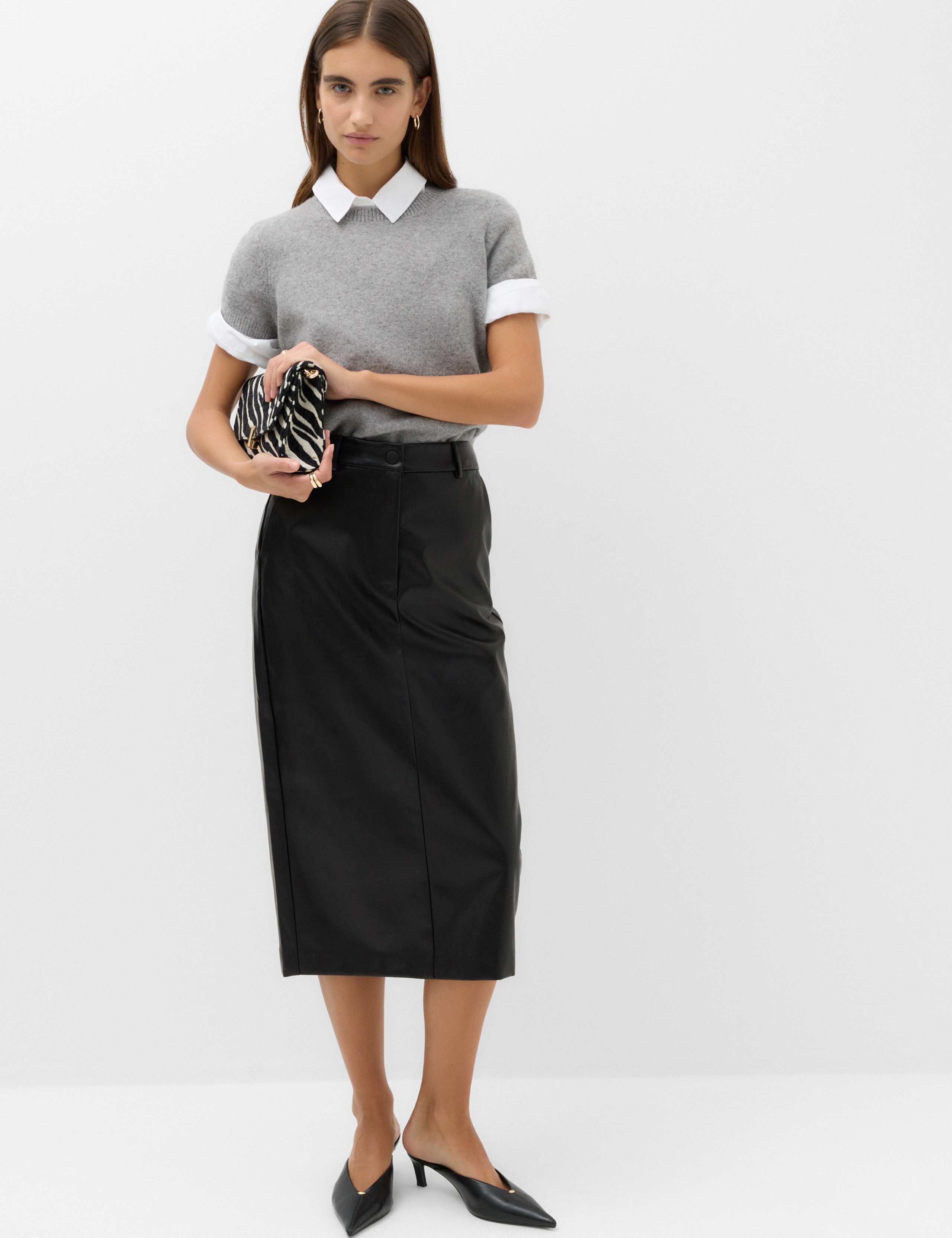 Leather Look Split Back Midi Skirt