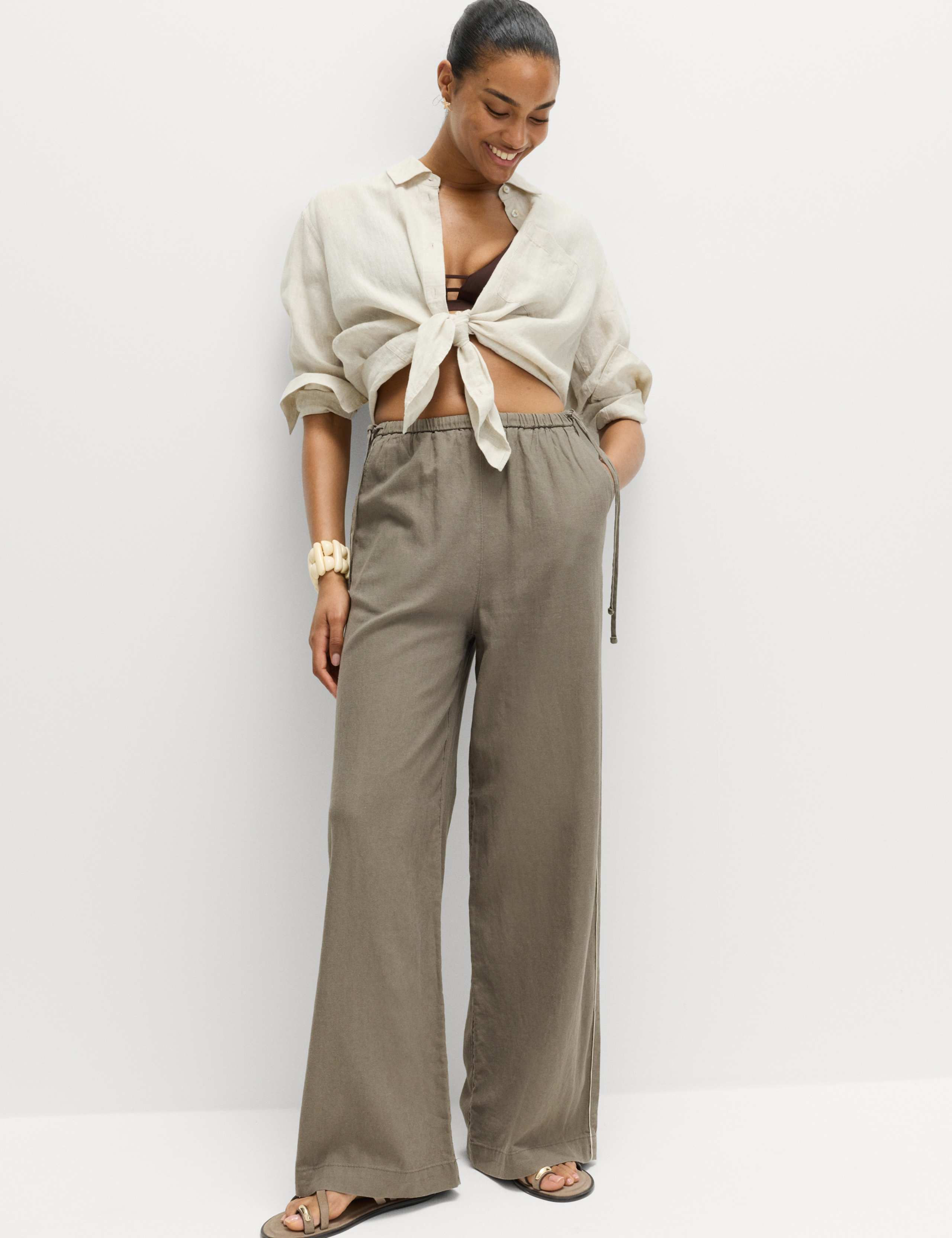 Linen Rich Tie Side Wide Leg Trousers