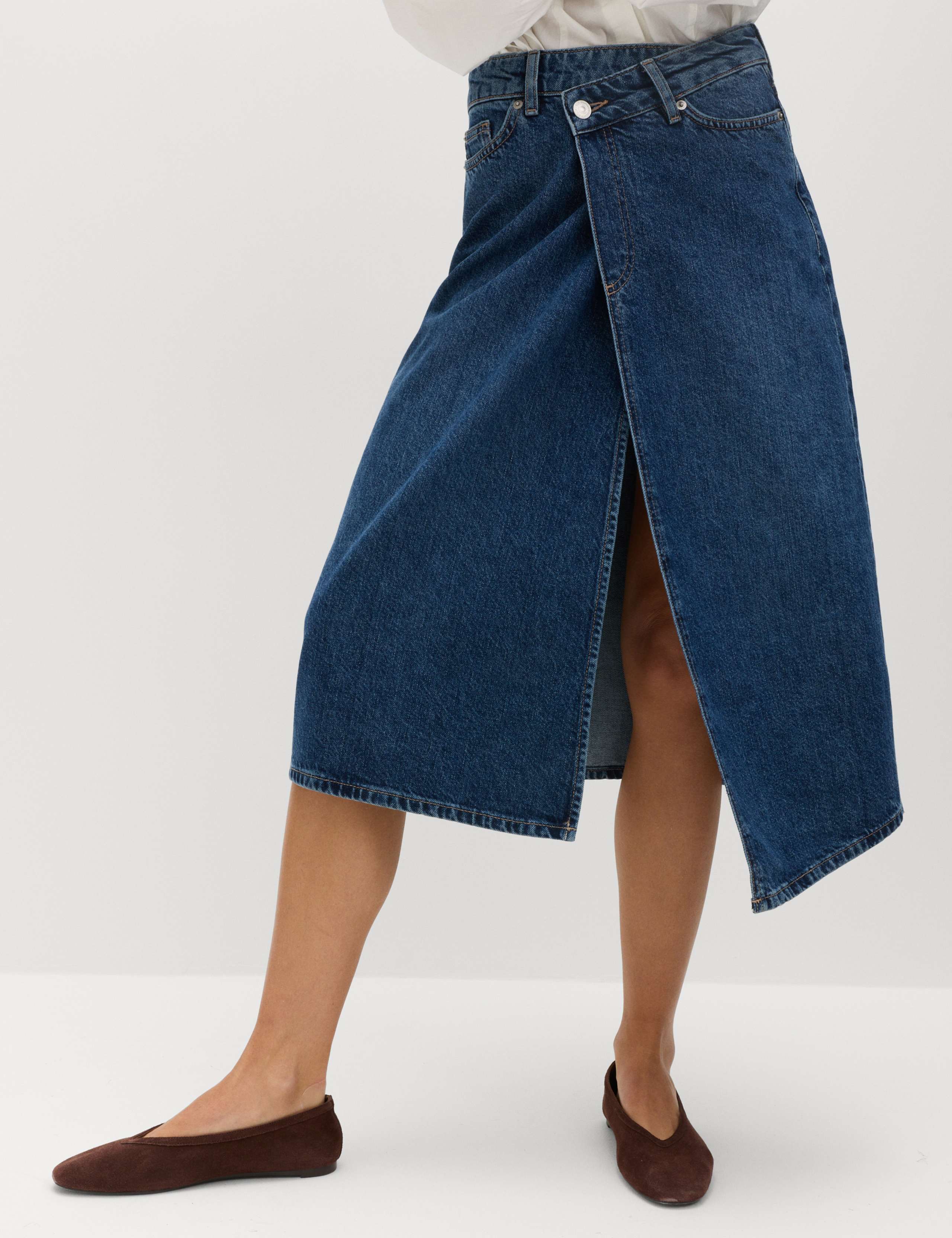 Pure Cotton Denim Assymetric Midi Wrap Skirt