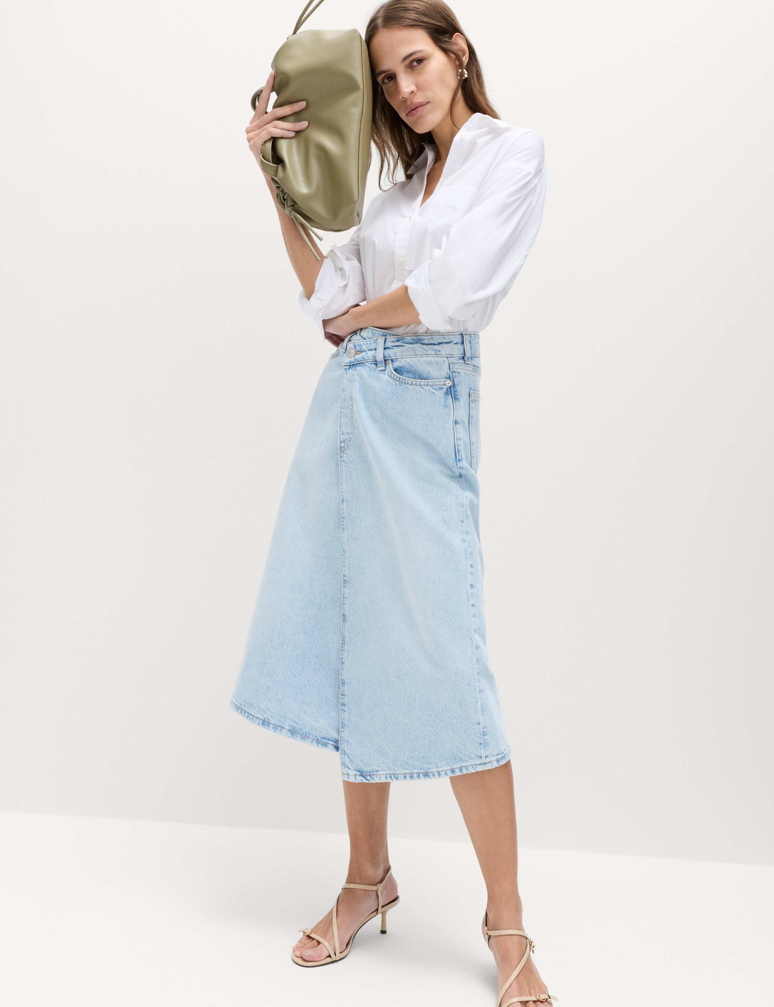 Pure Cotton Denim Asymmetric Midi Wrap Skirt