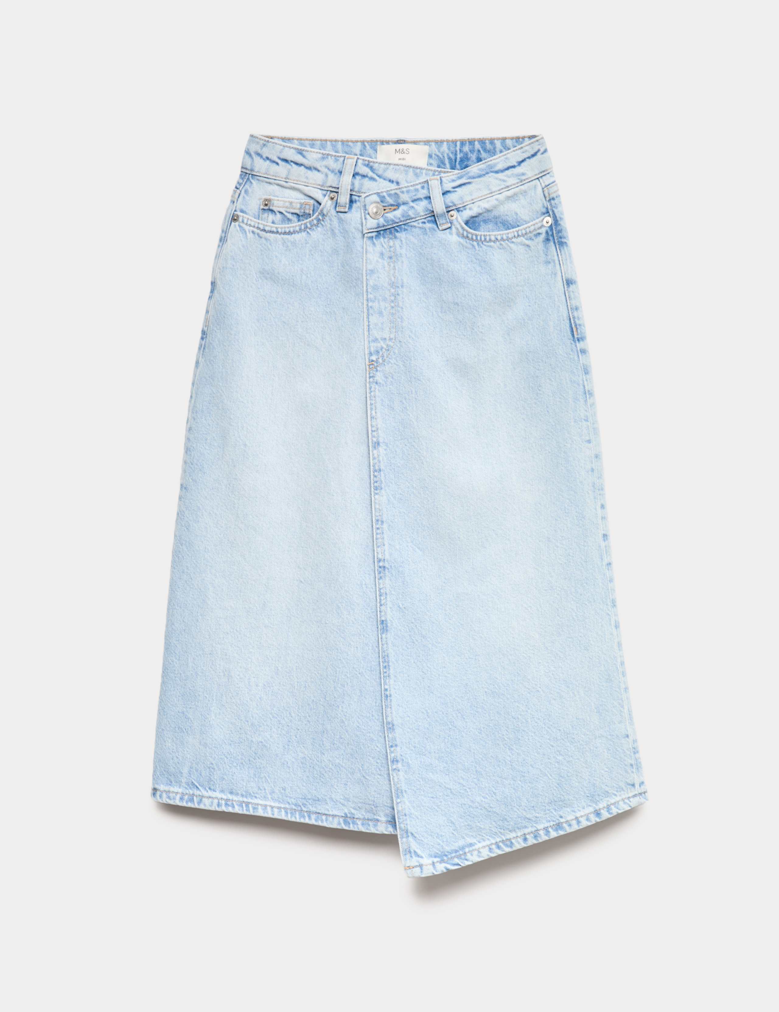 Pure Cotton Denim Assymetric Midi Wrap Skirt