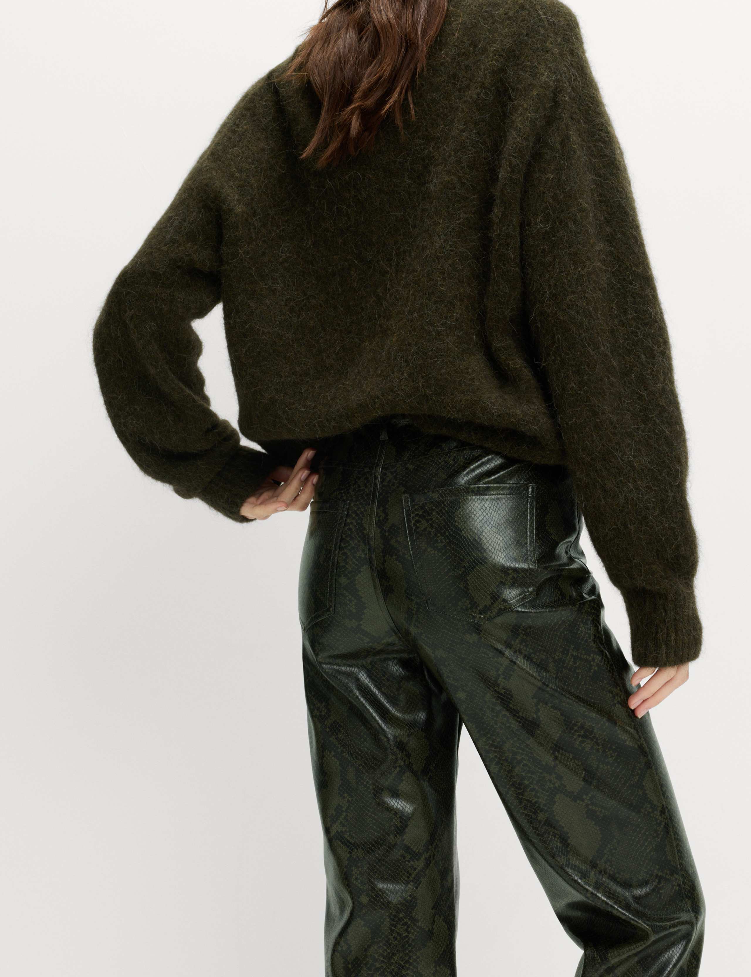 Faux Leather Snake Print Straight Leg Trousers