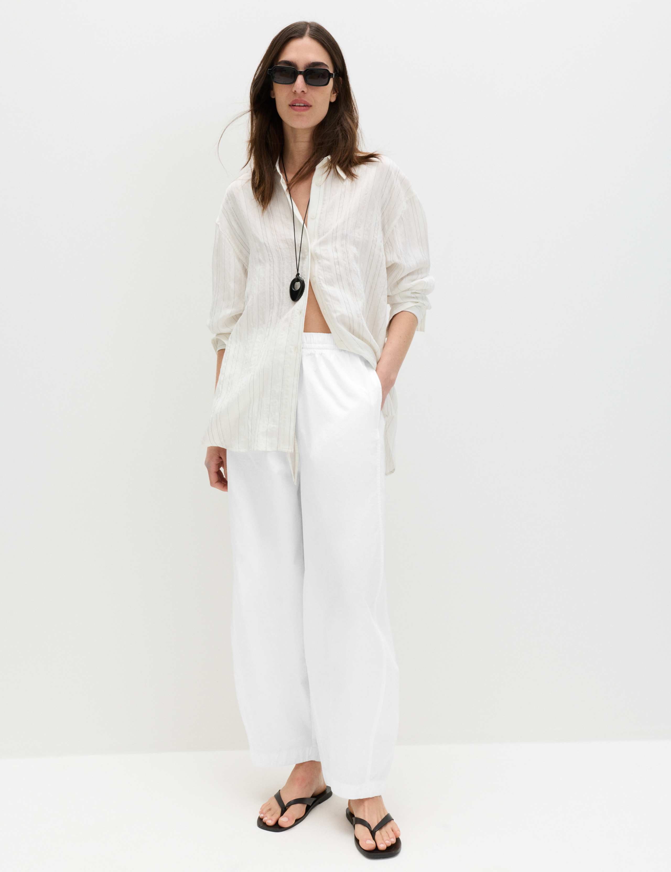 Pure Cotton Drawstring Barrel Leg Ankle Grazer Trousers