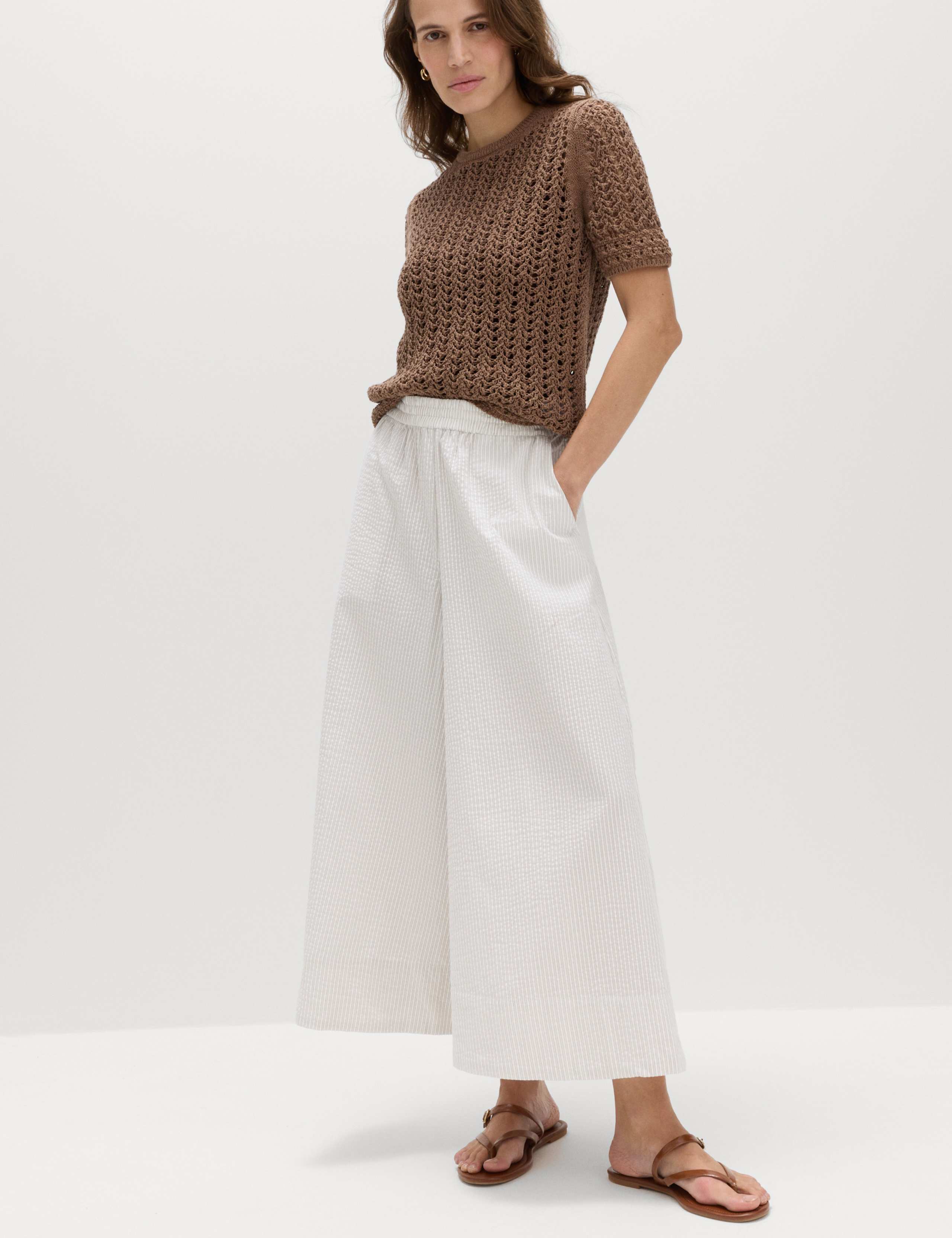 Seersucker Cropped Palazzo Trousers