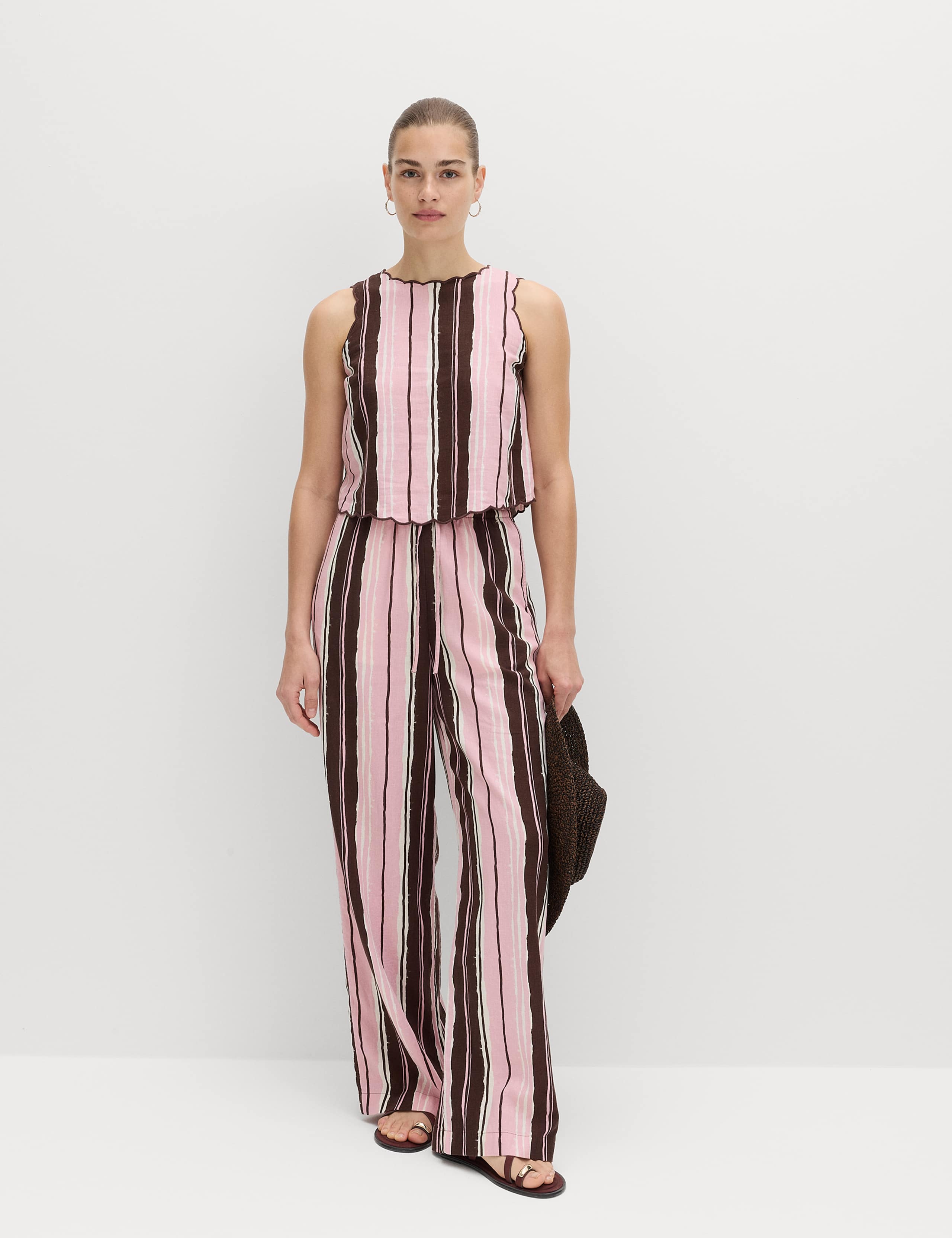 Linen Rich Striped Wide Leg Trousers