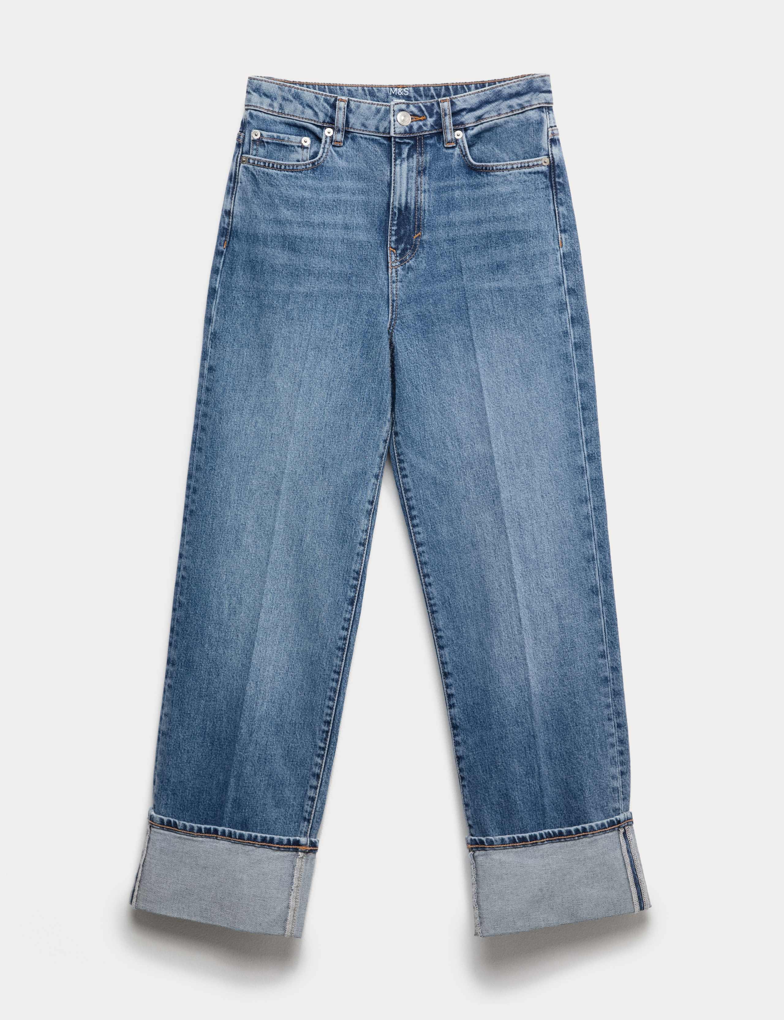 Mid Rise Wide Leg Turn Up Jeans