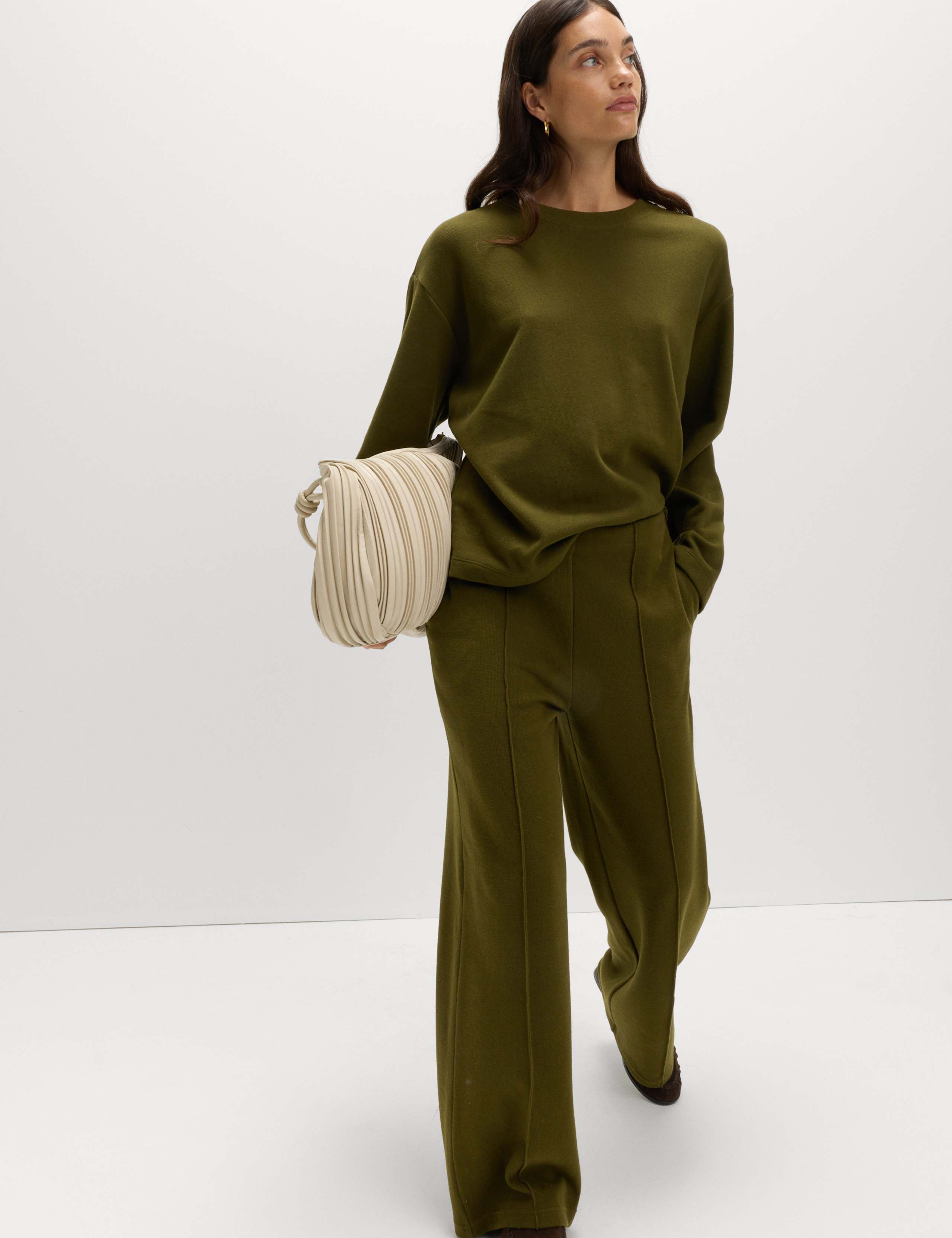 Cotton Blend Cosy Pintuck Wide Leg Trousers