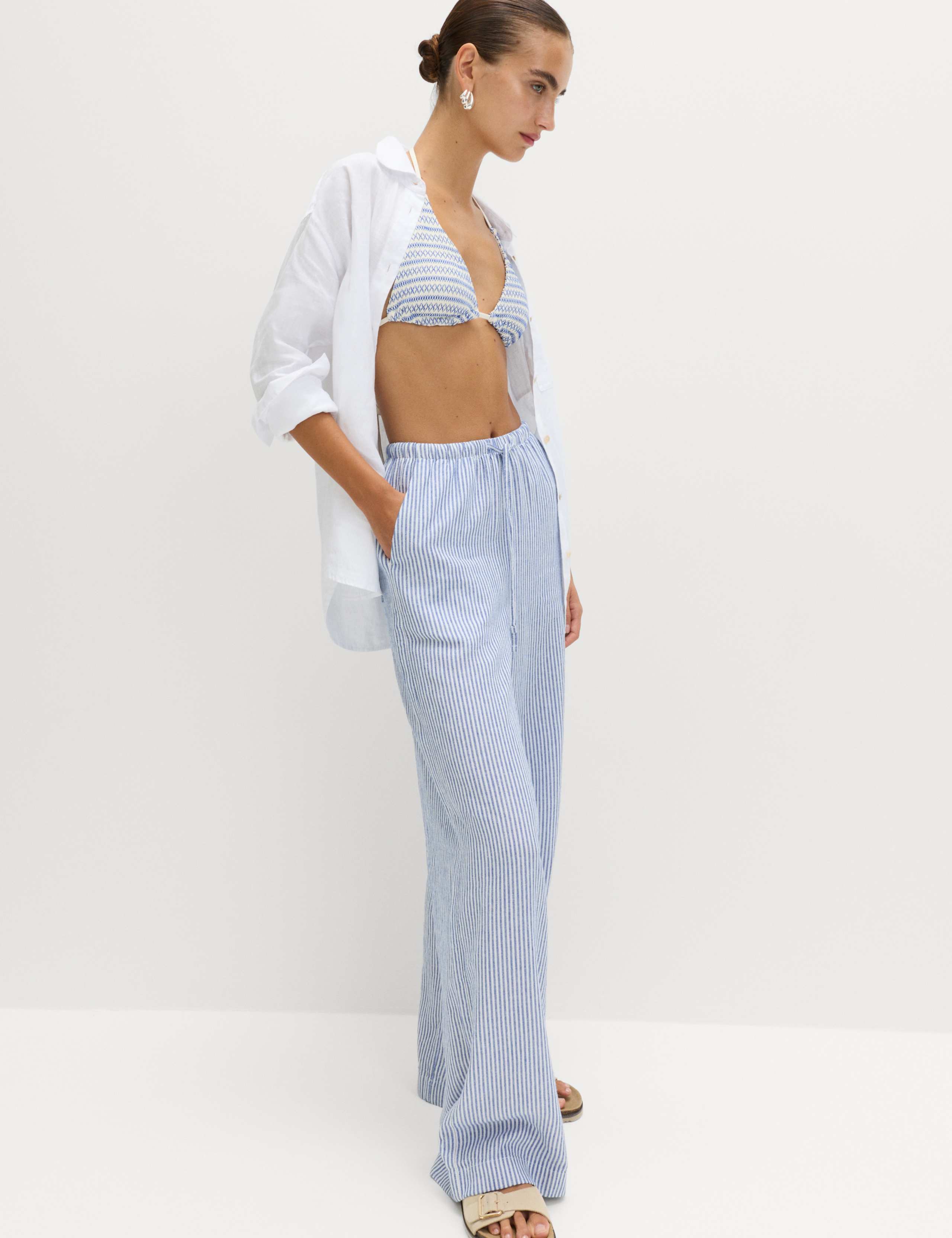 Linen Blend Wide Leg Trousers