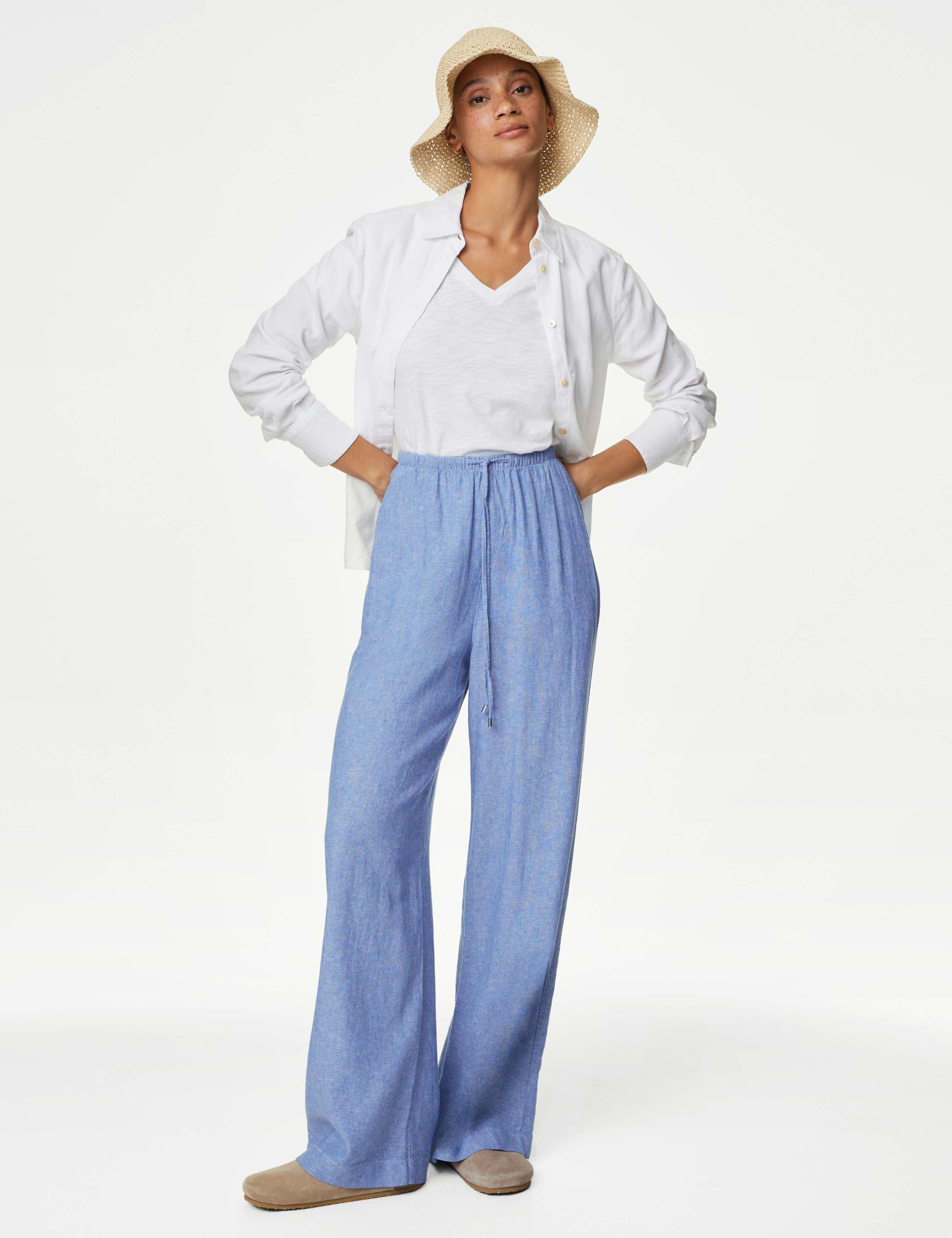 Linen Blend Wide Leg Trousers
