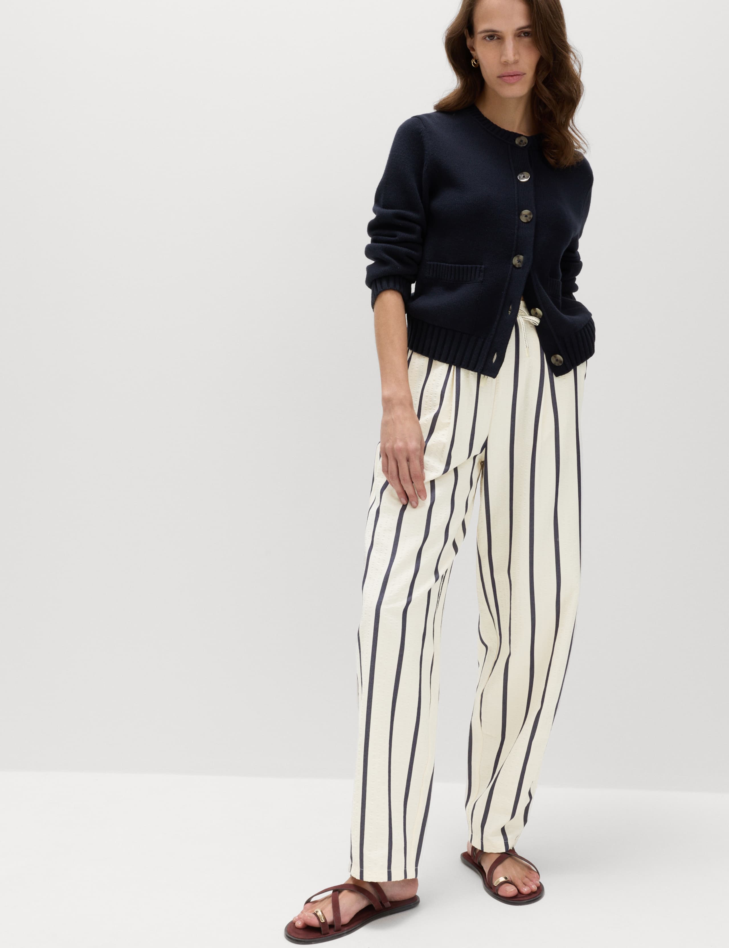 Seersucker Striped Barrel Leg Trousers
