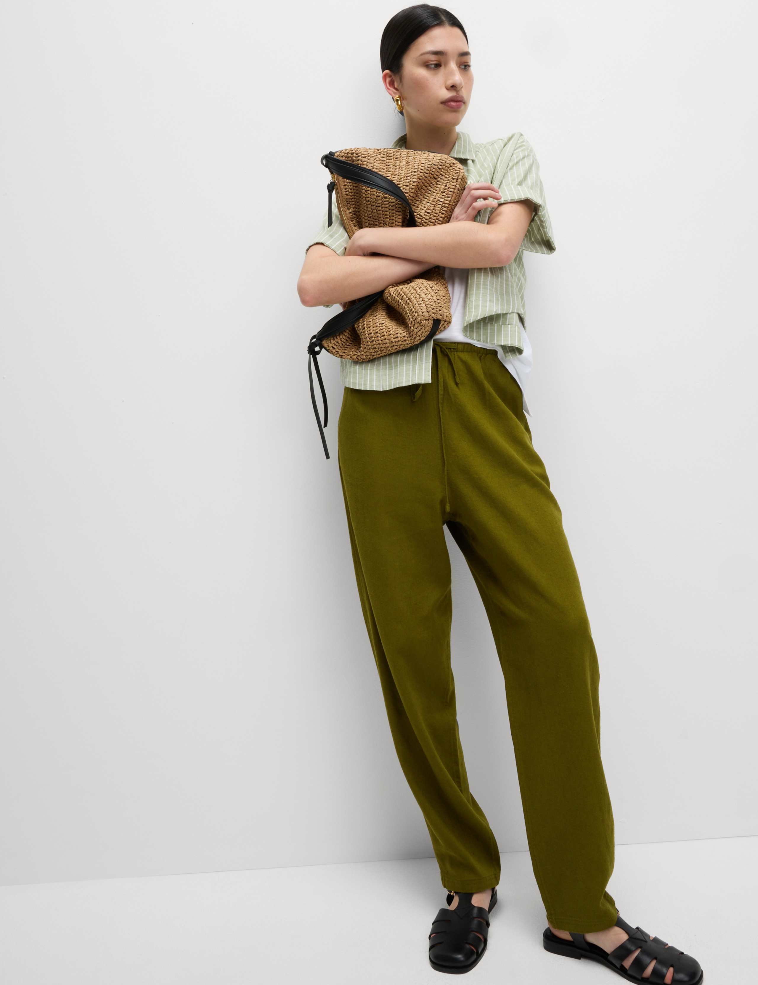 Linen-Rich Drawstring Tapered Trousers