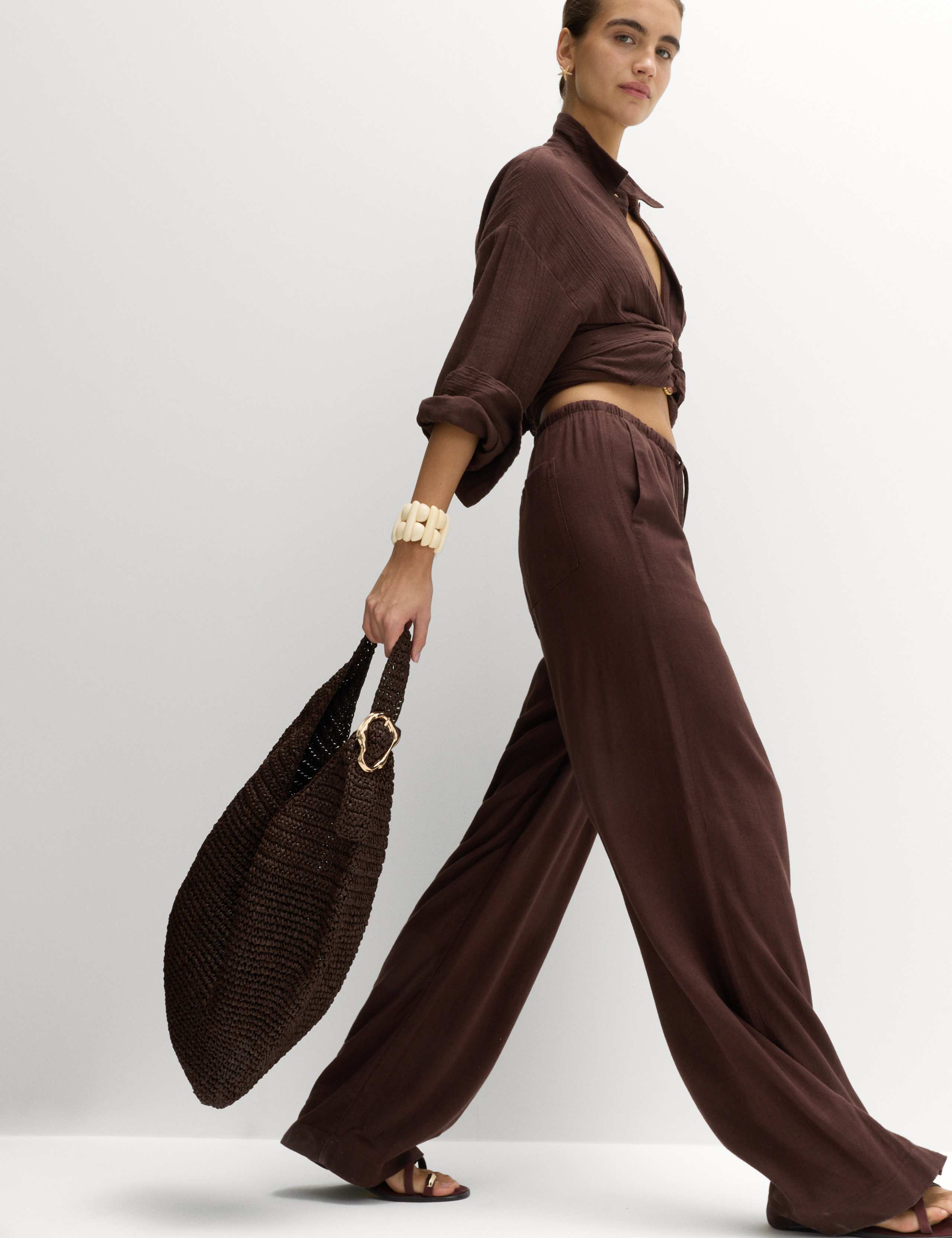 Drawstring Wide Leg Trousers with Linen
