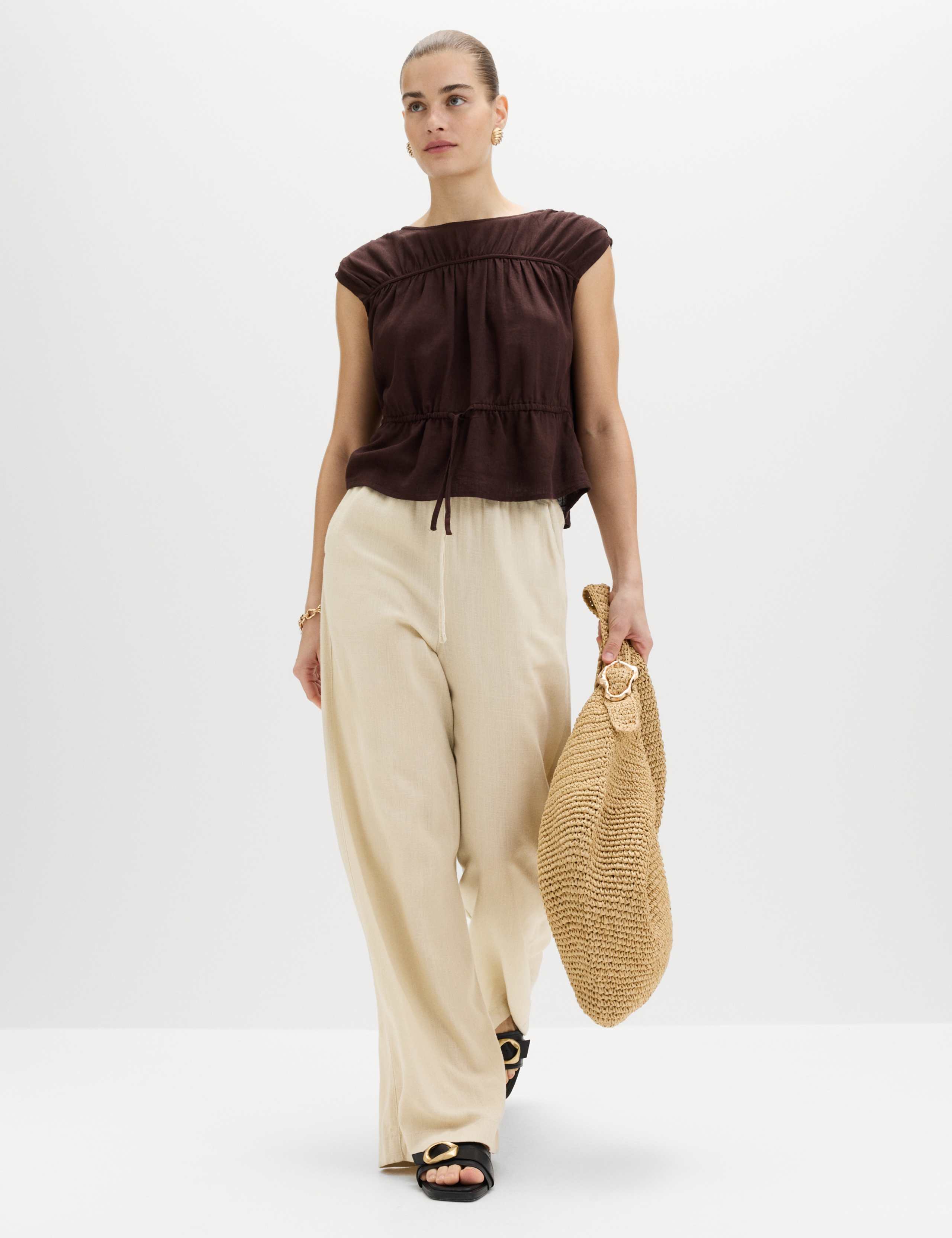 Drawstring Wide Leg Trousers with Linen