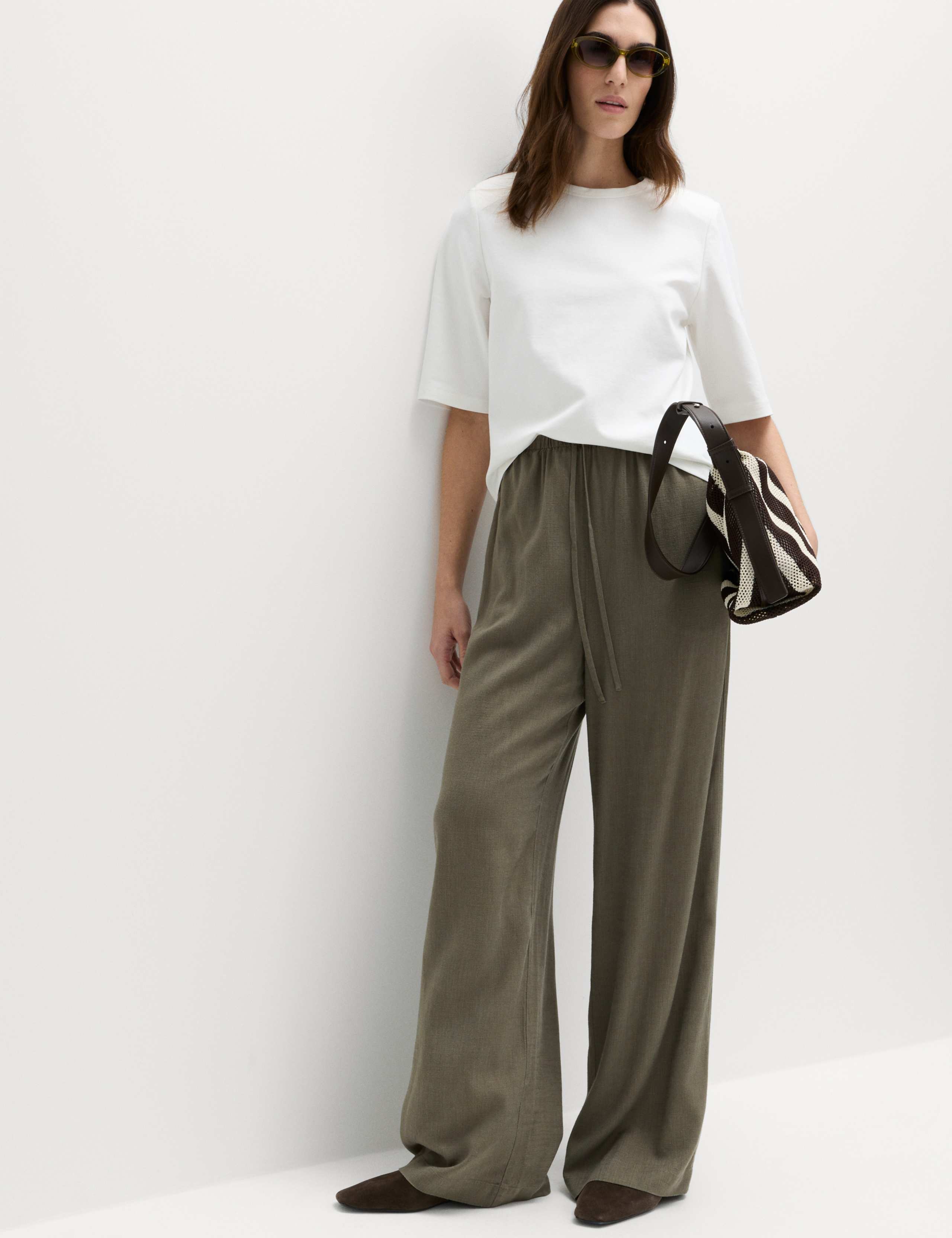 Drawstring Wide Leg Trousers with Linen