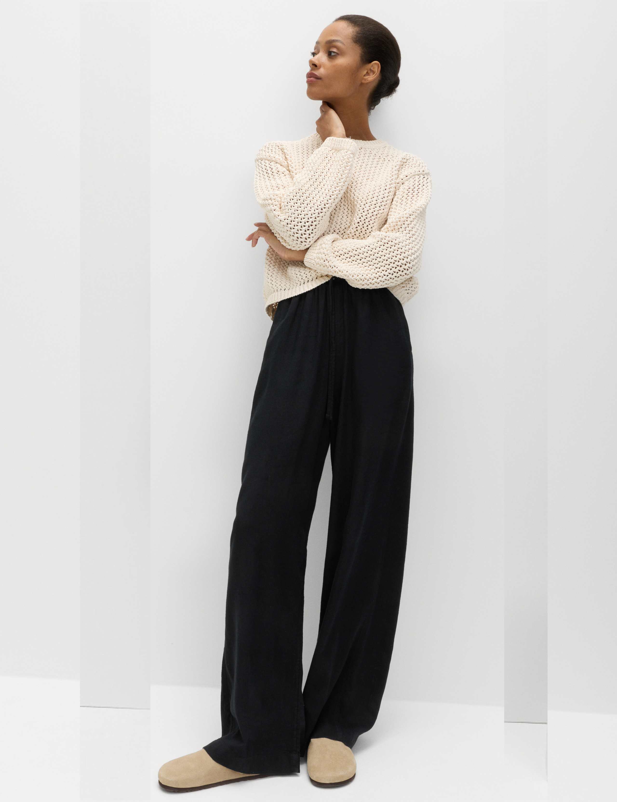 Drawstring Wide Leg Trousers with Linen