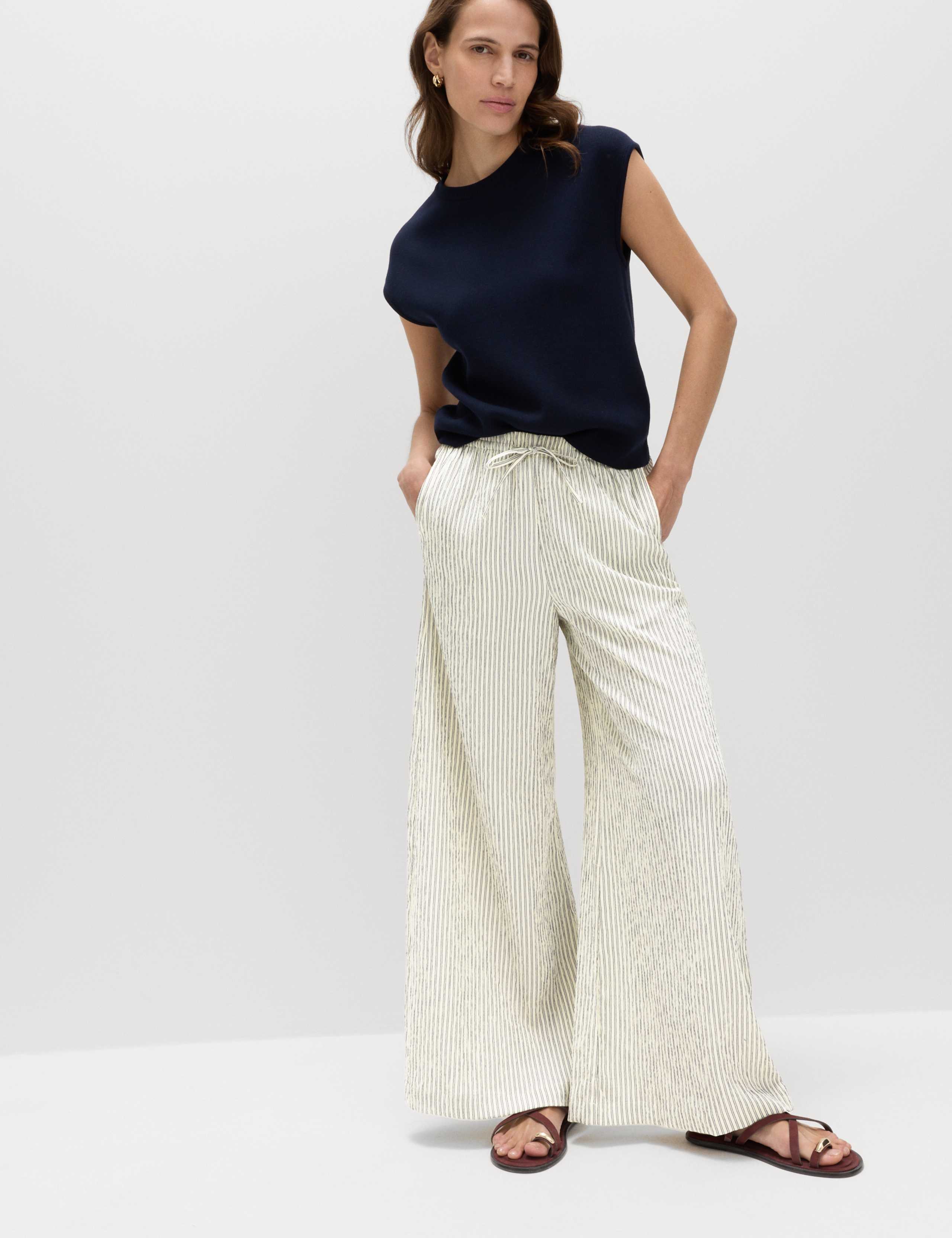Seersucker Pull On Wide Leg Trousers