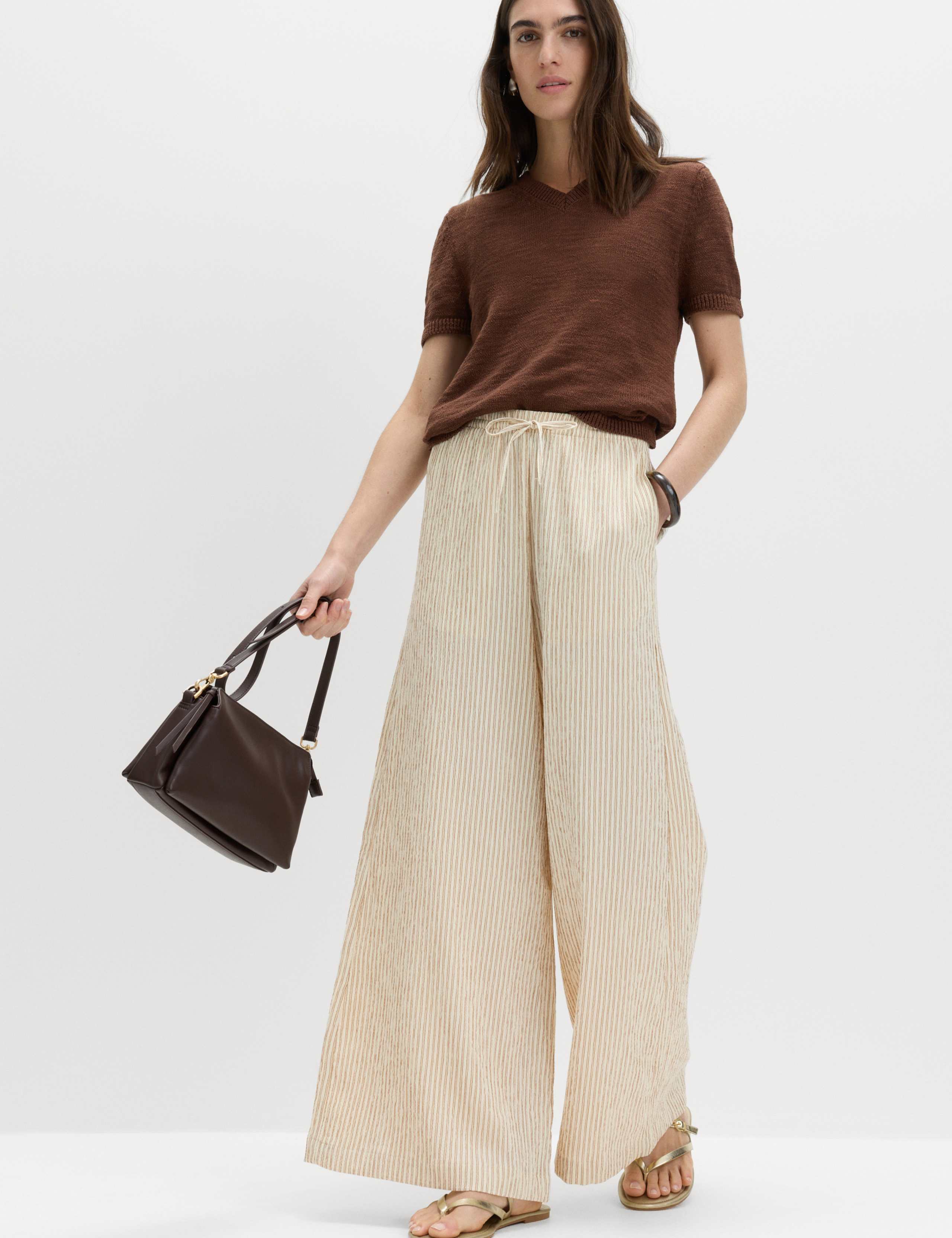 Seersucker Pull On Wide Leg Trousers