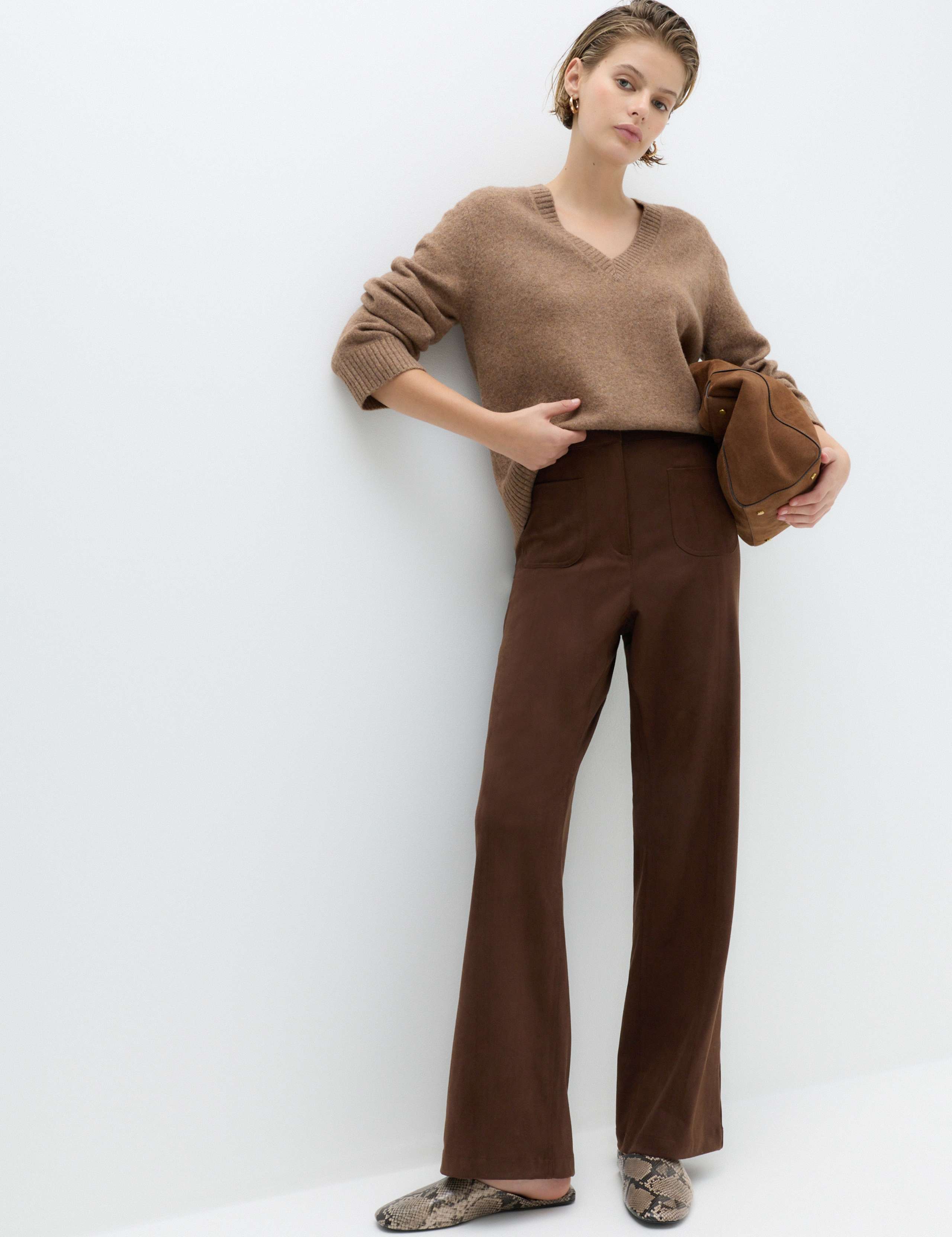 Faux Suede Straight Leg Trousers