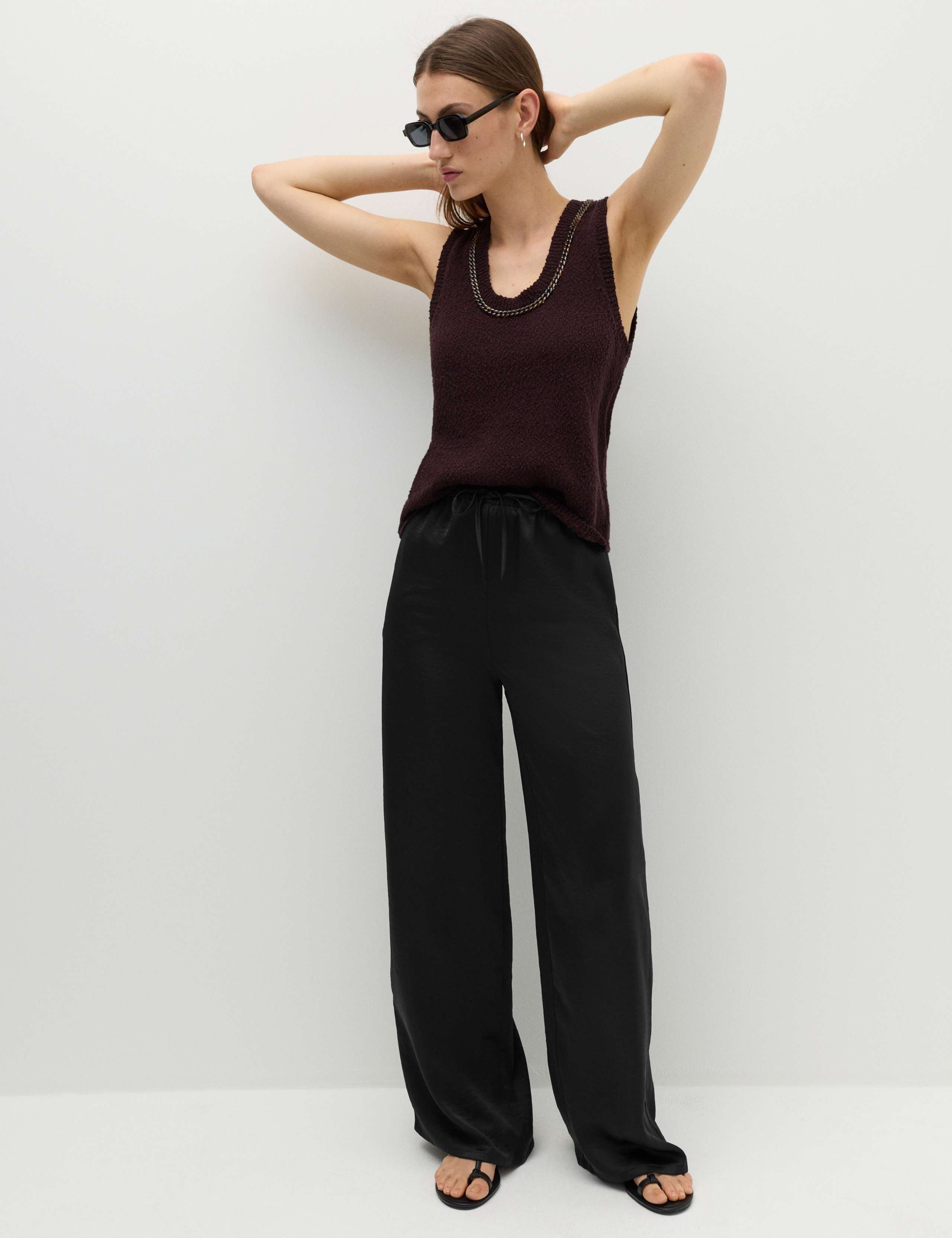 Satin Drawstring Wide Leg Trousers