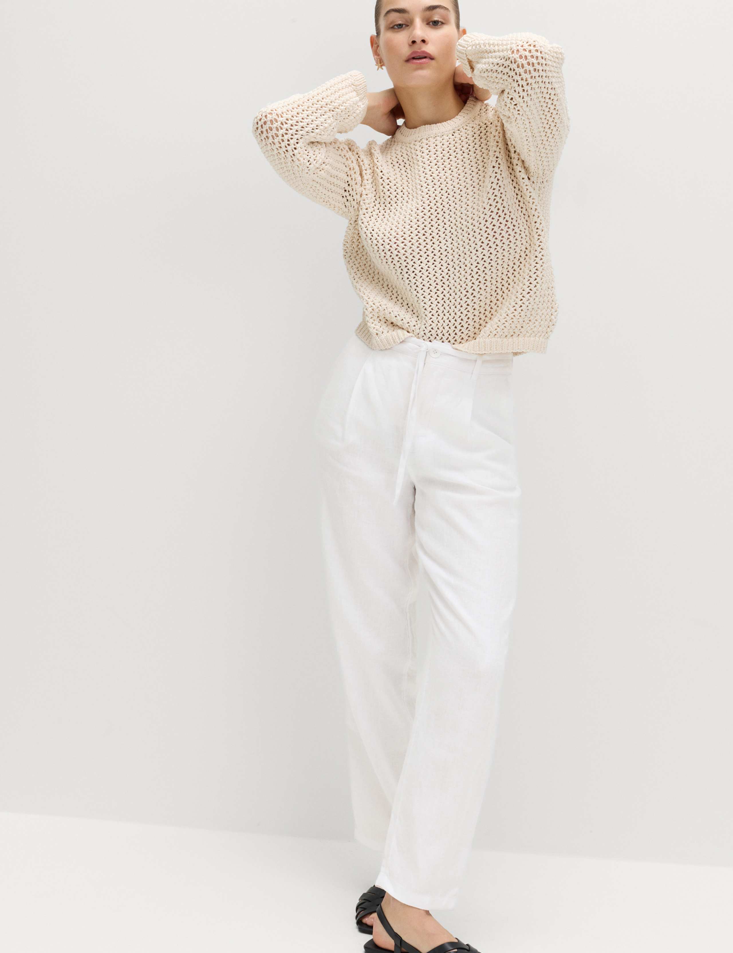 Pure Linen Pleat Front Belted Tapered Trousers