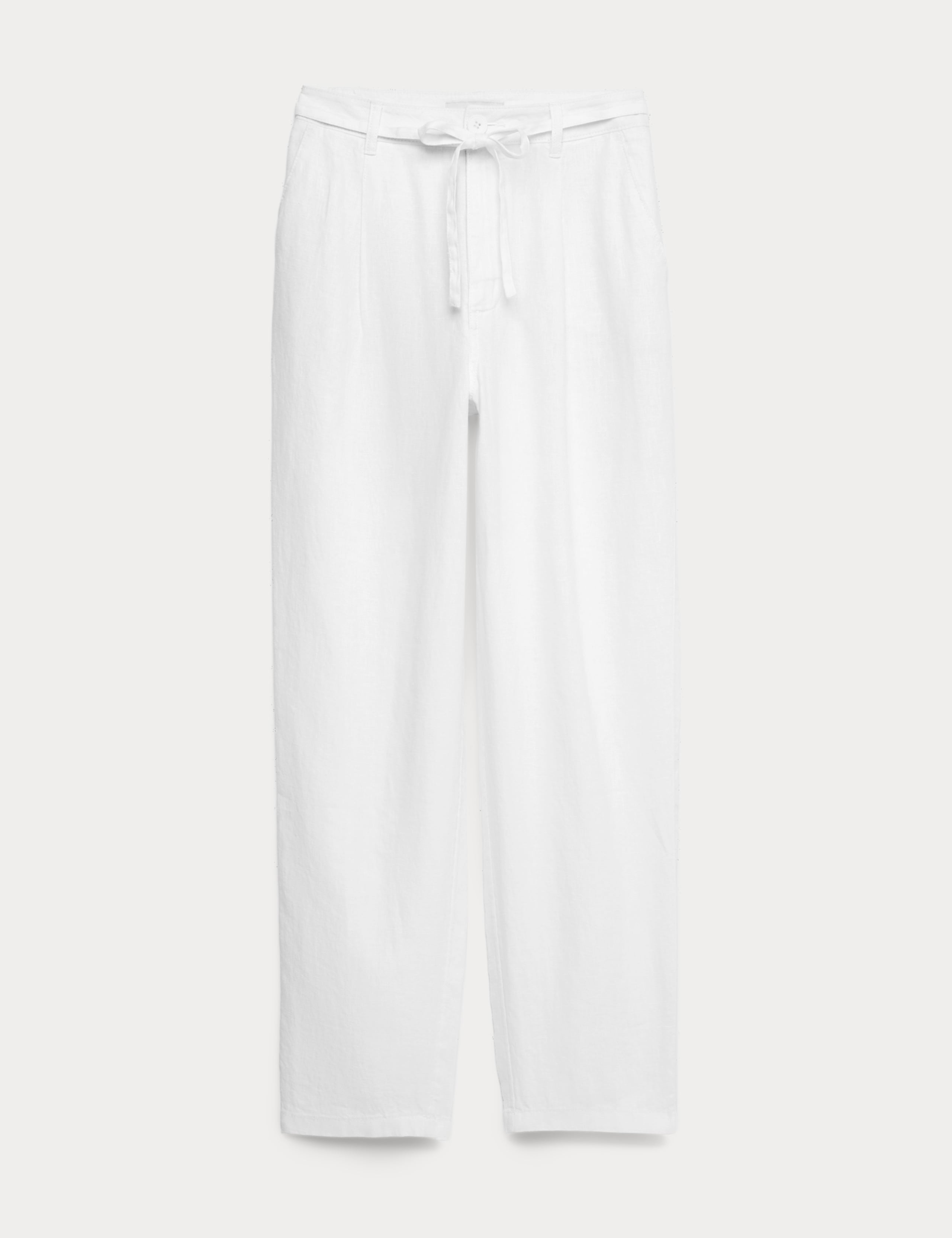 Pure Linen Pleat Front Belted Tapered Trousers