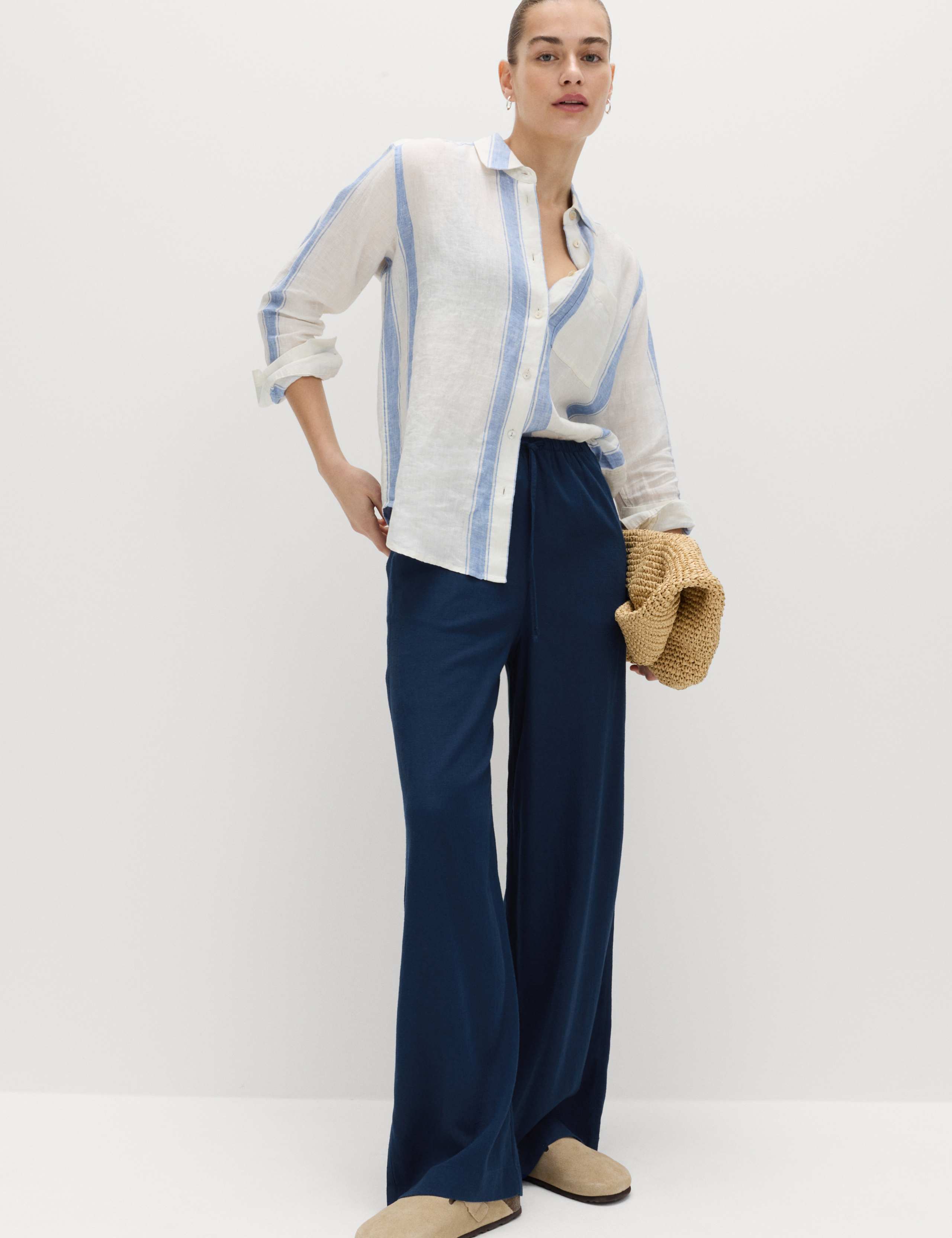 Linen Rich Drawstring Wide Leg Trousers
