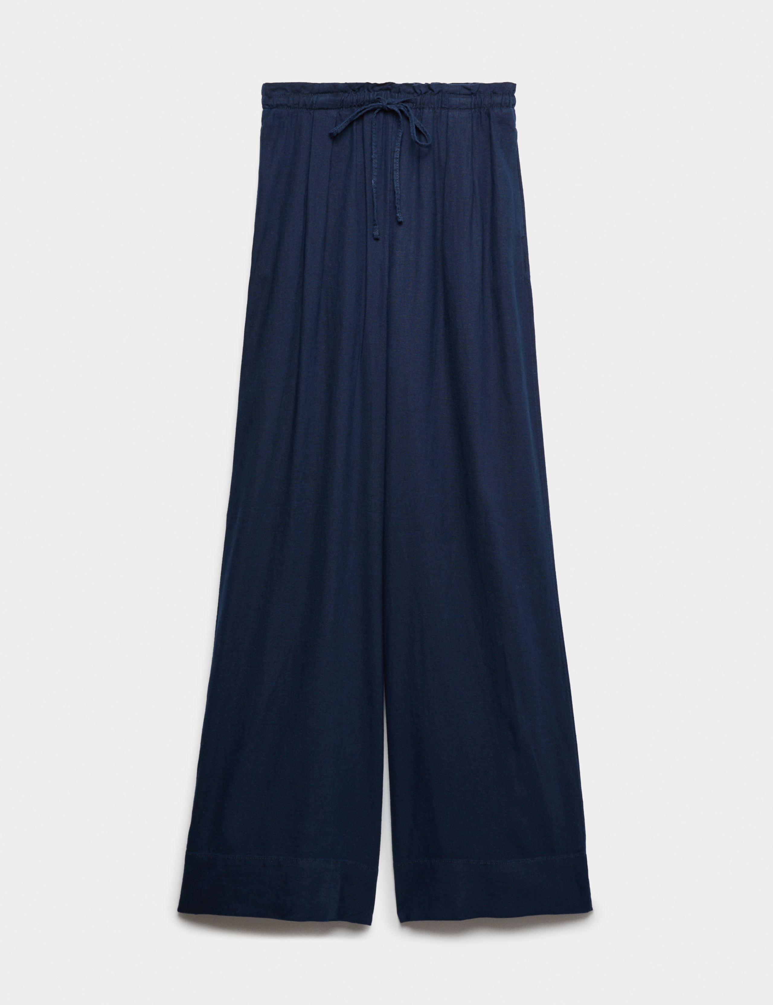 Linen Rich Drawstring Wide Leg Trousers