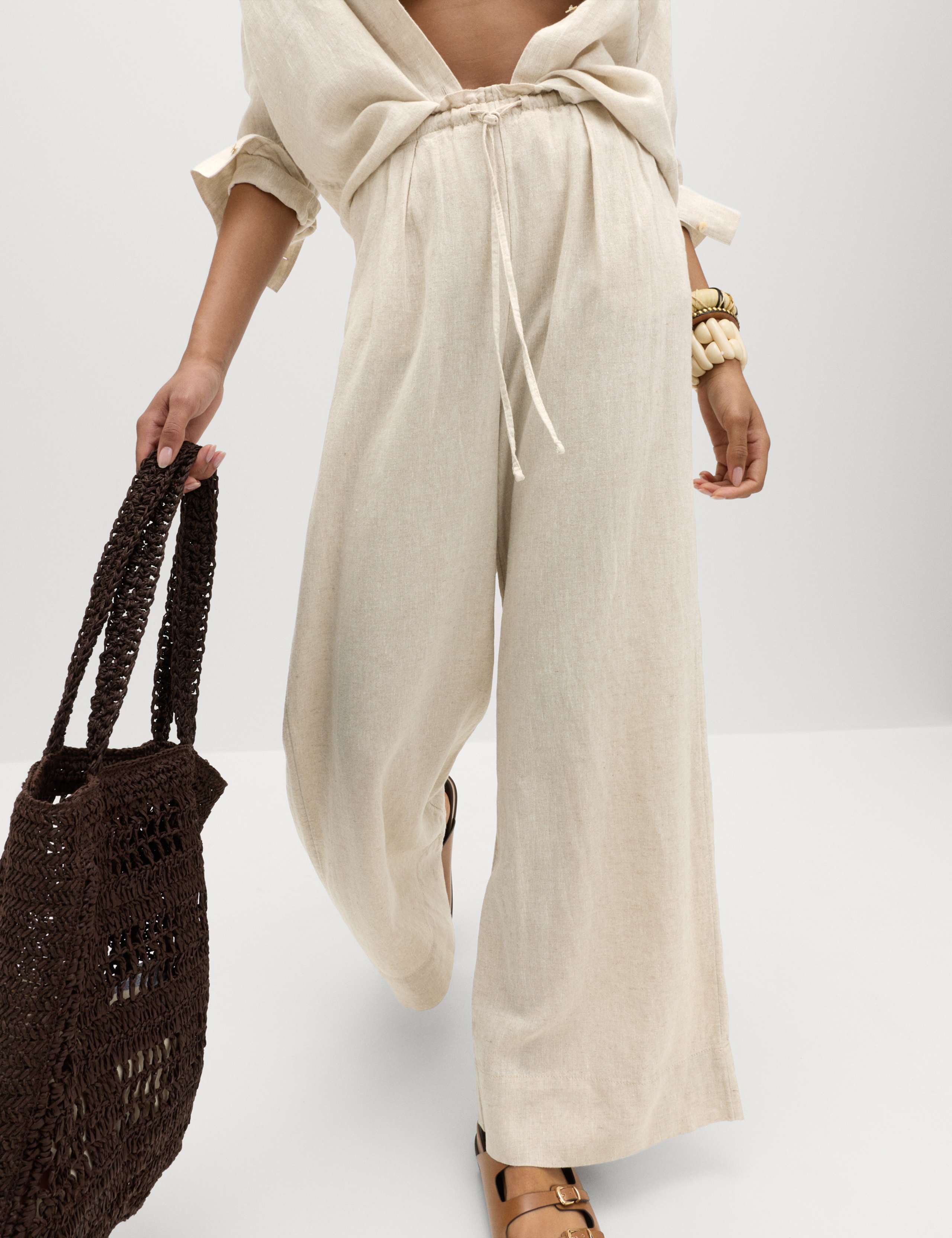 Linen Rich Drawstring Wide Leg Trousers