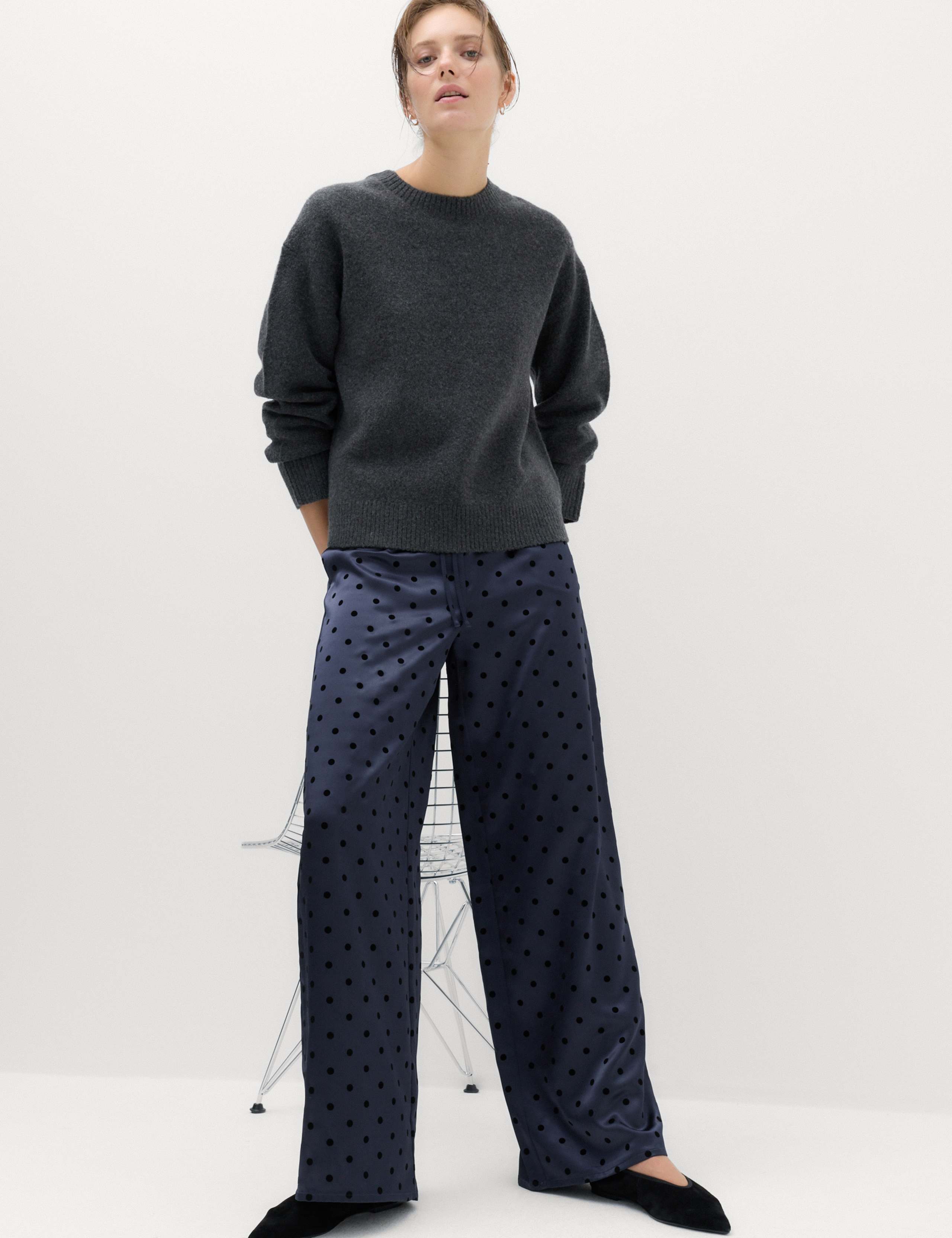 Polka Dot Satin Wide Leg Trouser