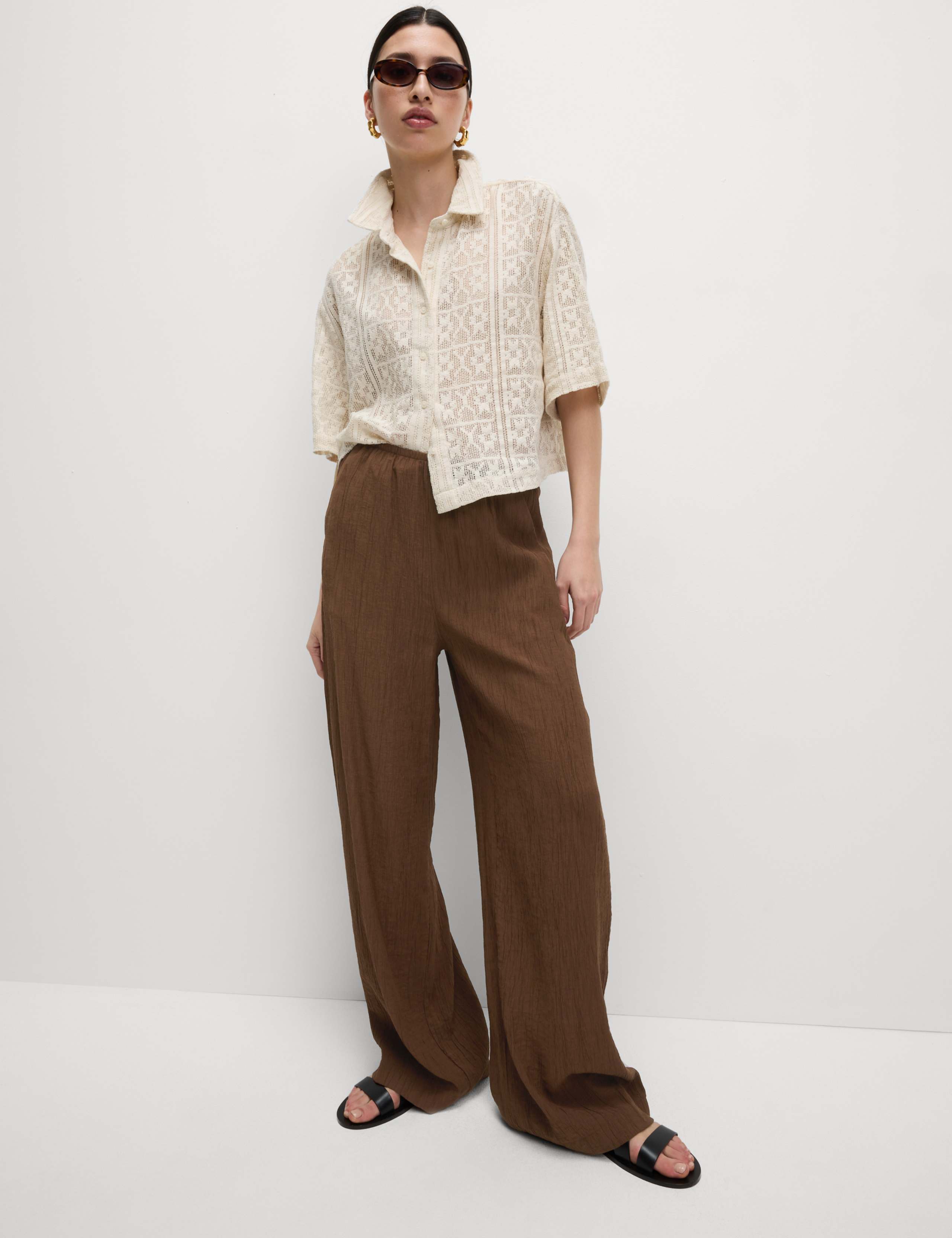 Viscose Rich Crinkle Elasticated Waist Wide Leg Trousers