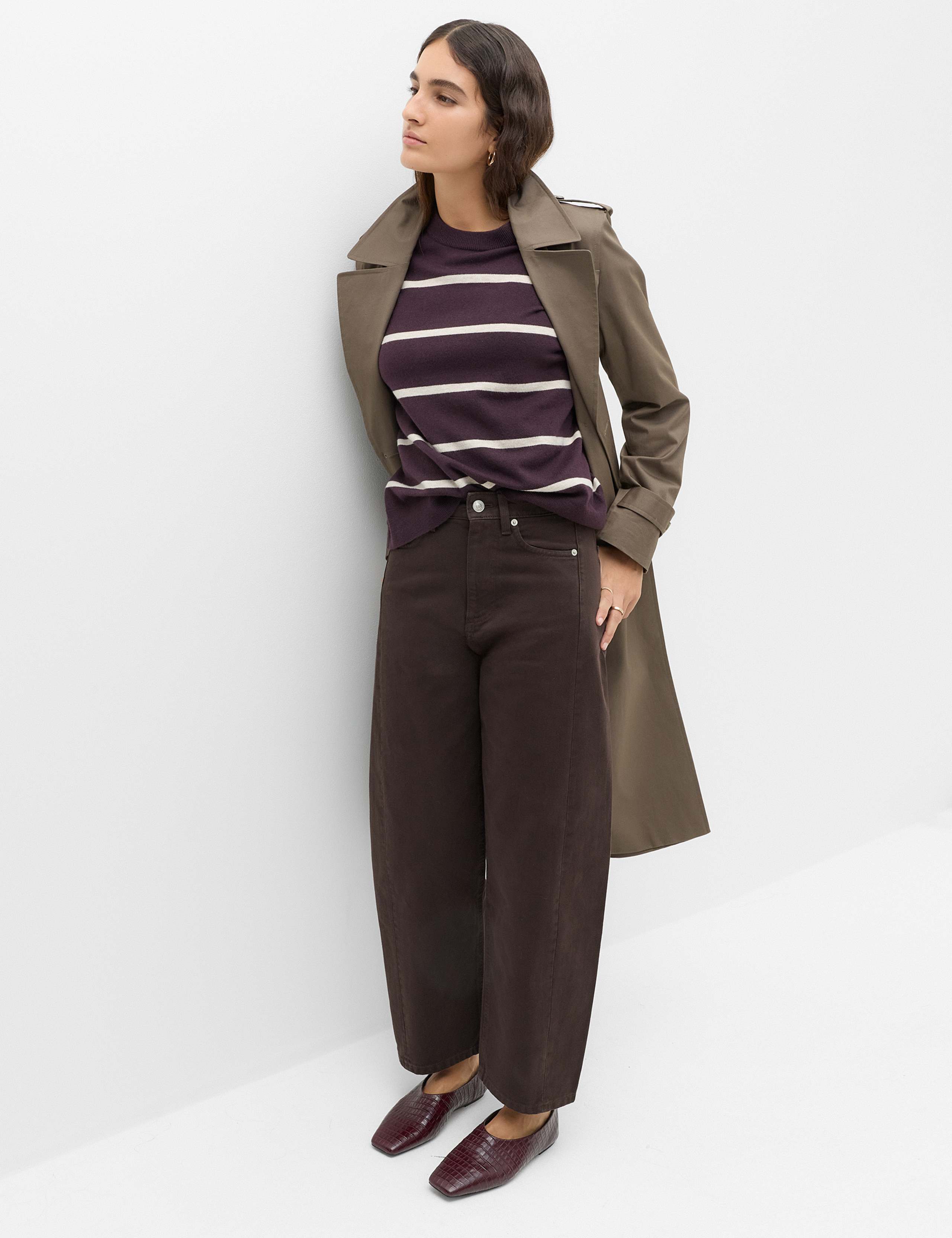 Pure Cotton High Waisted Barrel Leg Cropped Trousers
