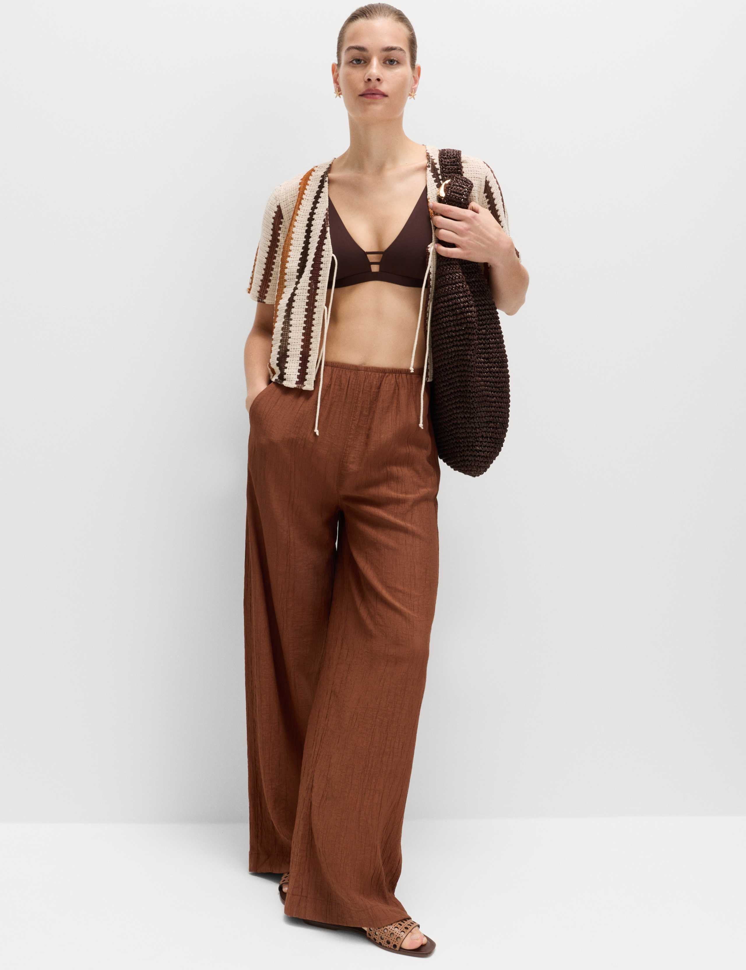 Crinkle Elasticated Waist Wide Leg Trousers