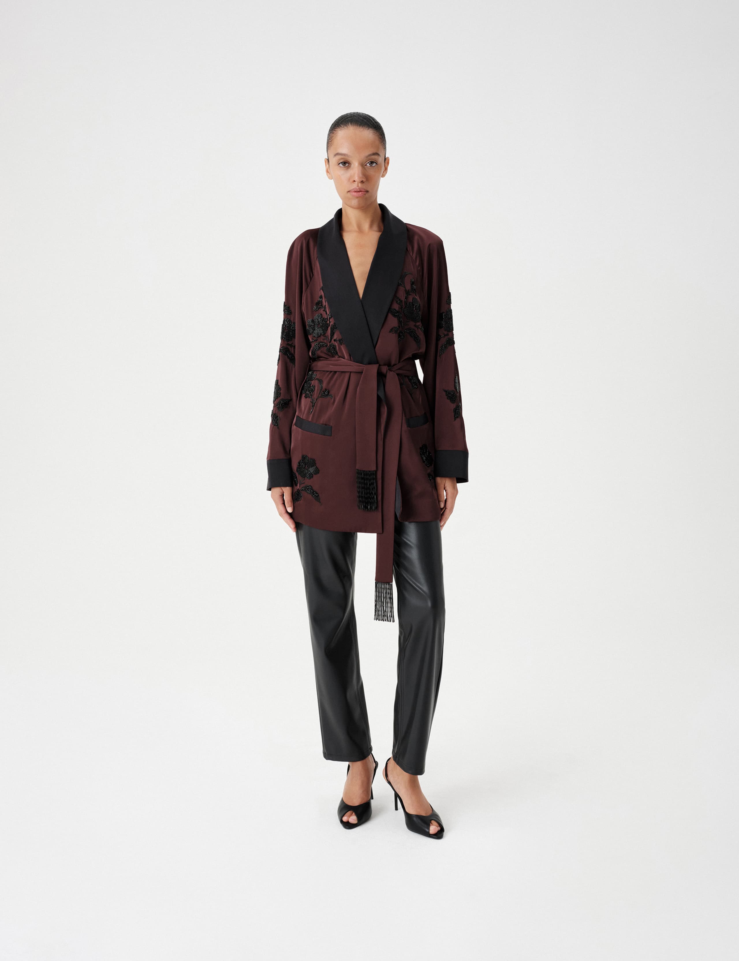 Satin Embellished Belted Longline Kimono Jacket